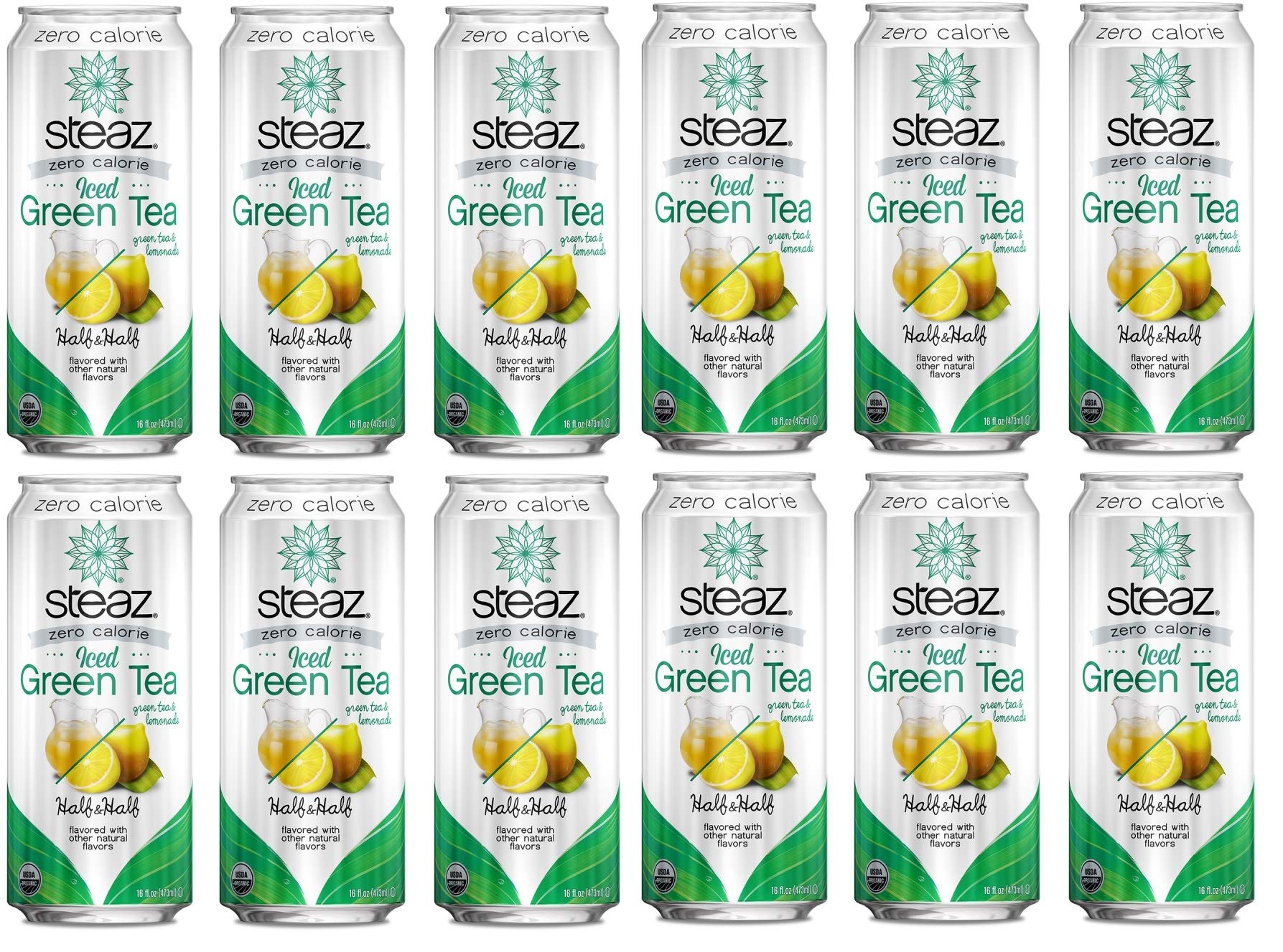 Steaz Organic Zero Calorie Half Iced Green Tea & Half Lemonade, 16 Oz (Pack Of 12)
