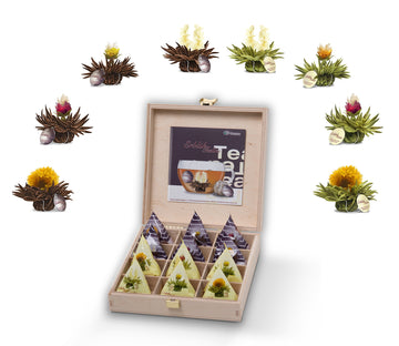 Creano Blooming Tea Tealini - Tea Flowers In Cup Size - Gift Set In Wooden Tea Box - 12 Pcs In 8 Varieties - White Tea & Black T