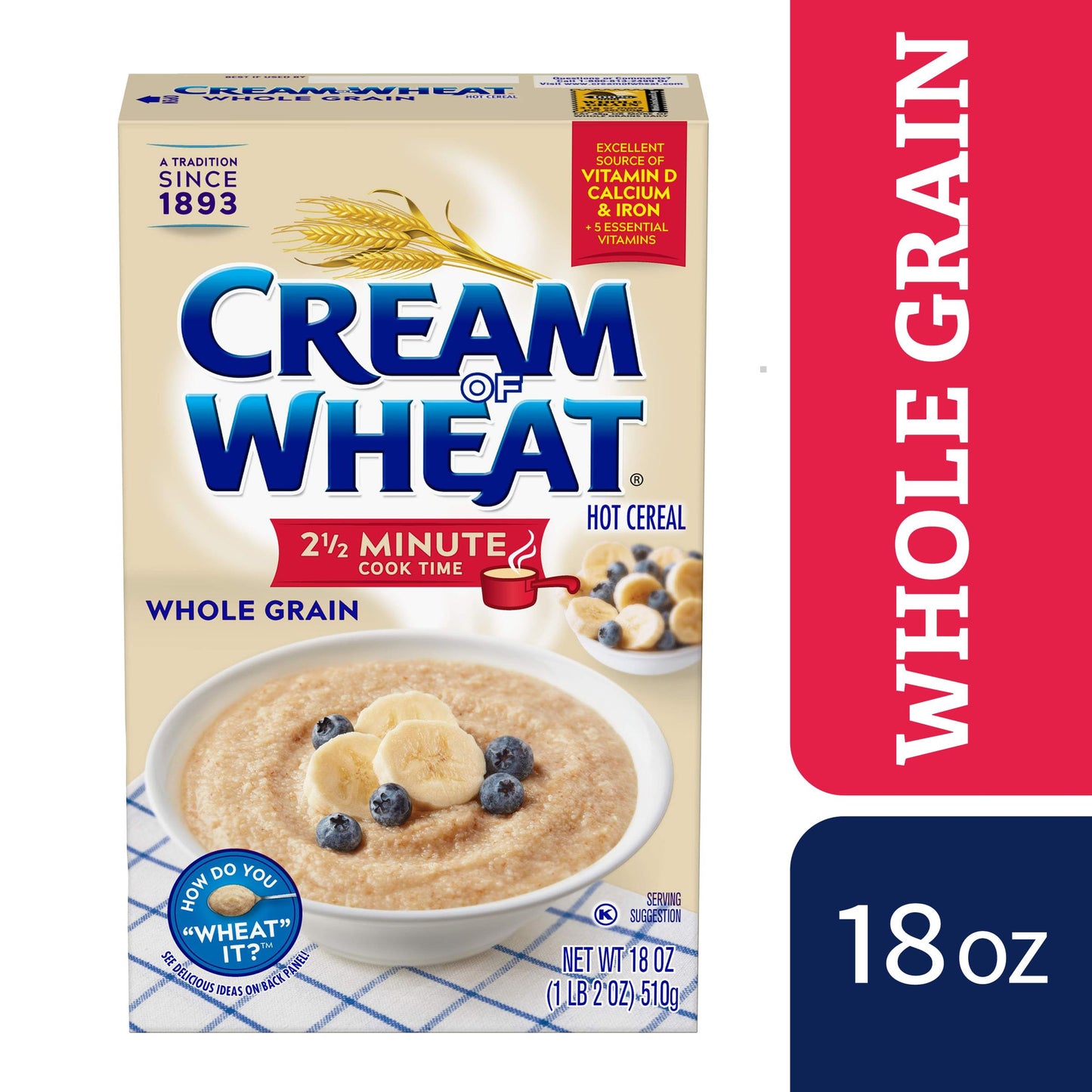 Cream of Wheat Whole Grain Hot Cereal, 2 1/2 Minute Cook Time, 18 Ounce (Pack of 12)