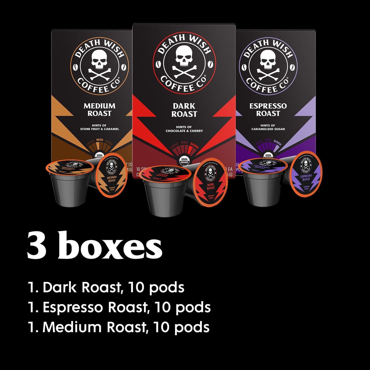 Death Wish Coffee Single Serve Coffee Variety Pack - Medium, Dark, Espresso Roast - 30 Count