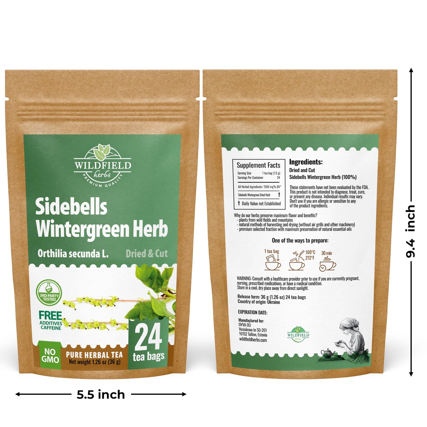 24 Bags Dried Cut Sidebells Wintergreen Herb Tea (Orthilia Secunda) - 24 Count 1.5G Tea Bags One-Sided Wintergreen Orthilia (Peralito)