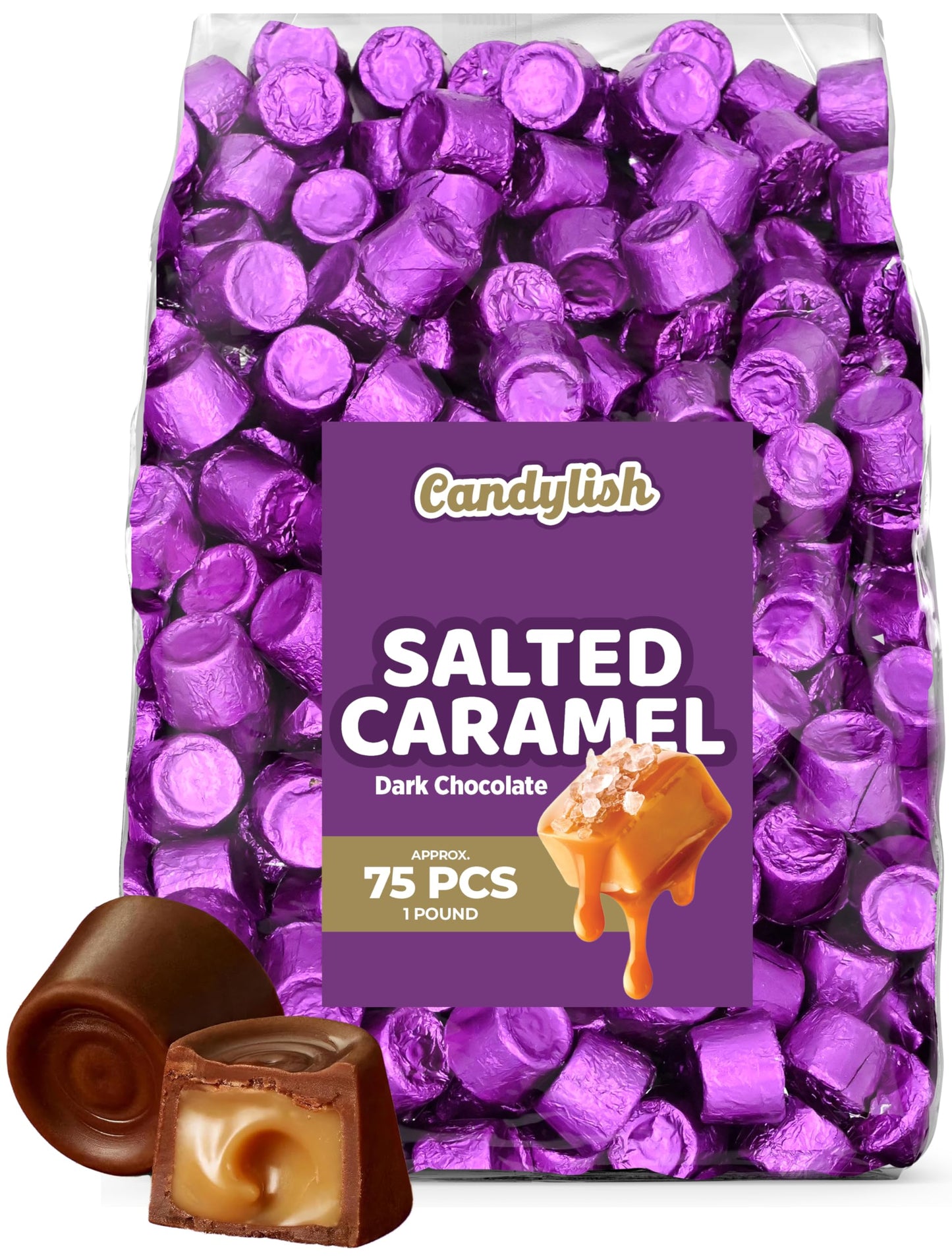 Salted Caramels In Dark Chocolate, 1 Lb Bag - Sweet And Salty Gourmet Candy, Individually Wrapped In Purple Foil, Bulk Candy, Approx 75 Pieces