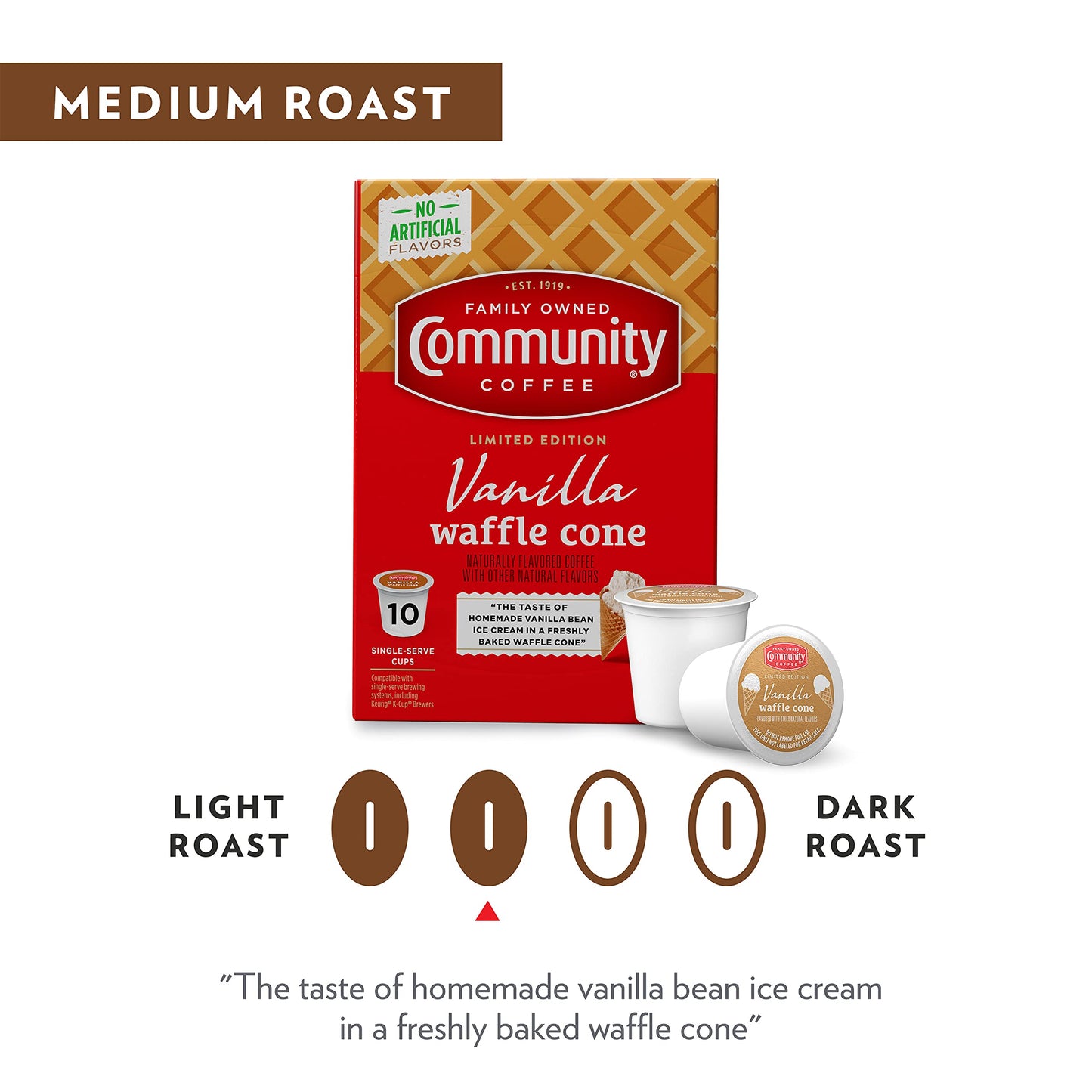 Community Coffee Vanilla Waffle Cone Coffee Pods, Ice Cream Flavored, Compatible with Keurig 2.0, 10 Count (Pack of 6)