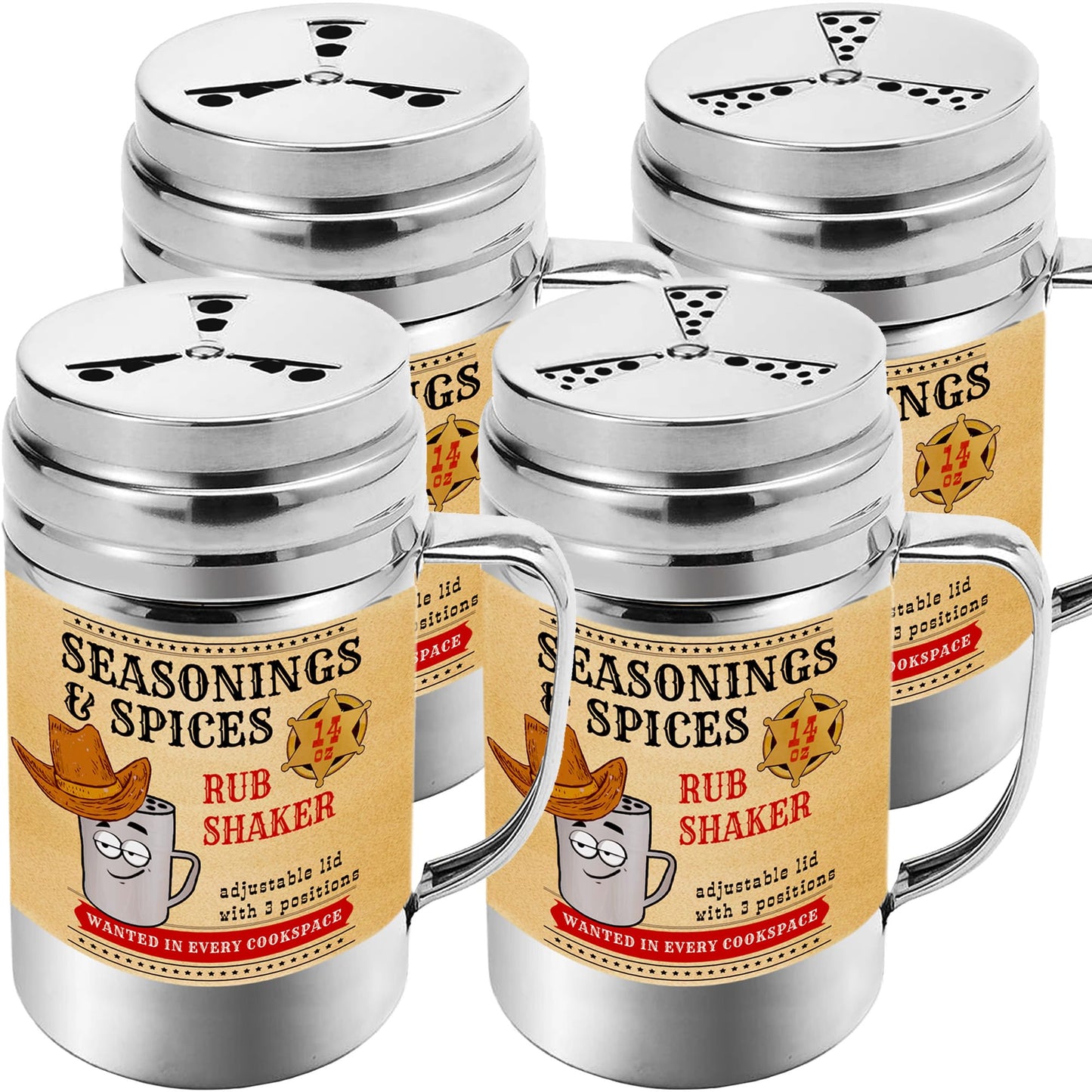 CUSINIUM Spice Shakers - Pack of 4, 14 oz, Adjustable Fan-Style Lid, Stainless Steel