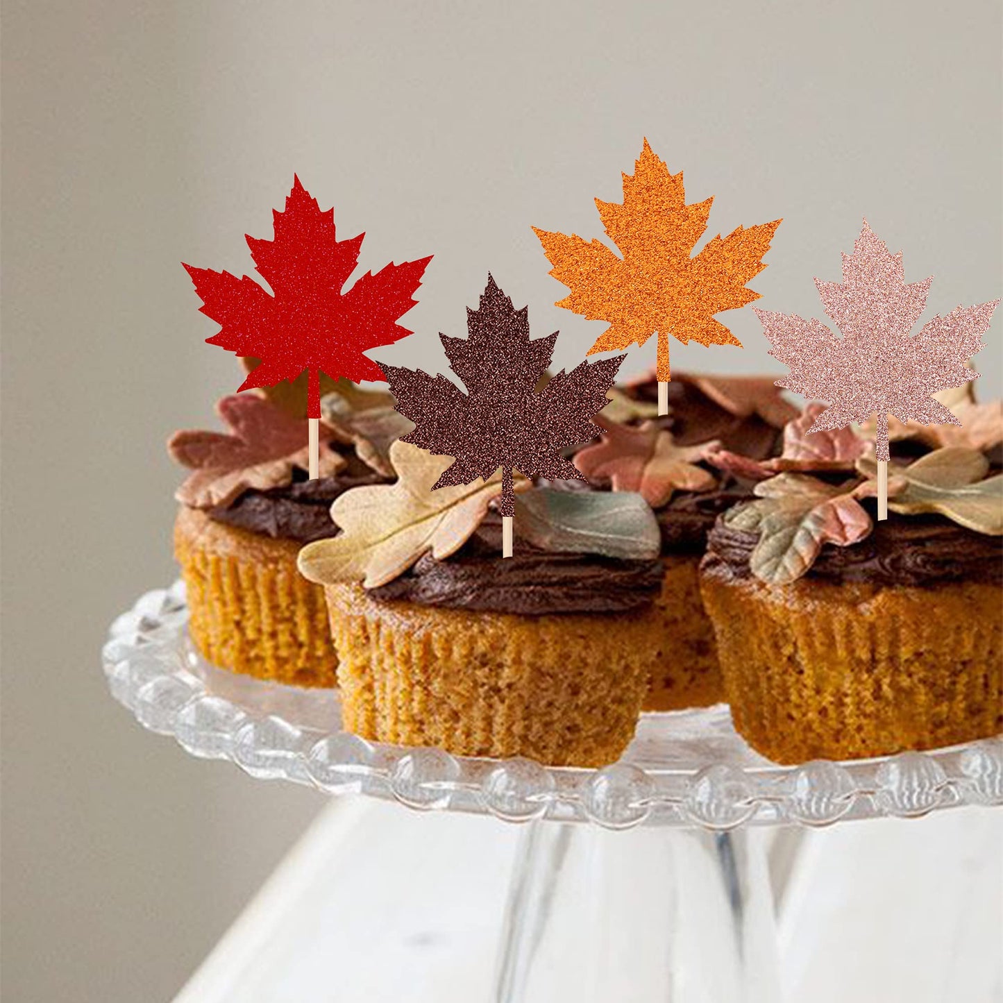 36 Pcs Glitter Maple Leaf Cupcake Toppers Fall Theme Cupcake Picks Fall Harvest Thanksgiving Party Cake Decorations Supplies Mix