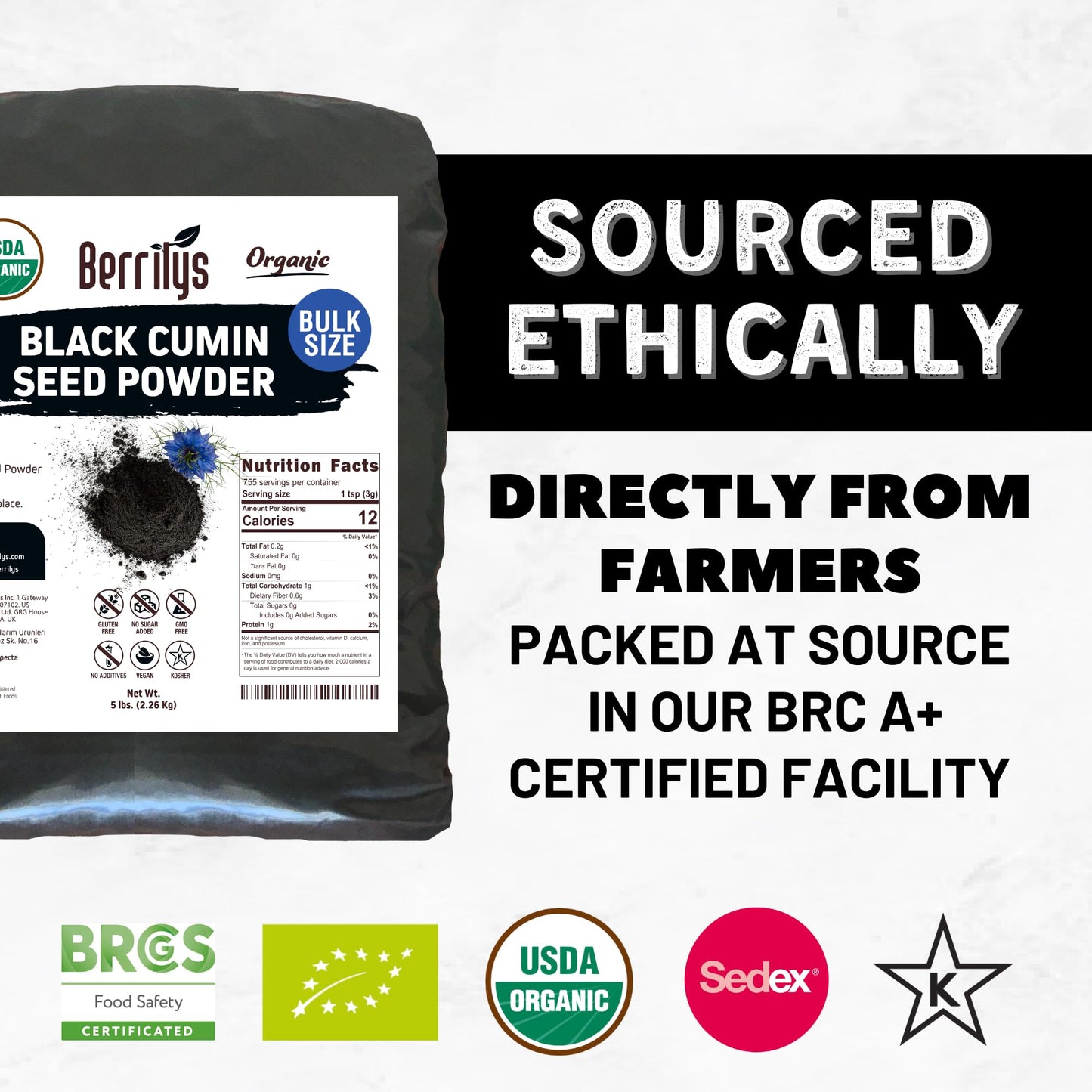 Berrilys Organic Black Cumin Seeds Powder, Ground, 5 LB, Great for Baking, Versatile Ingredient
