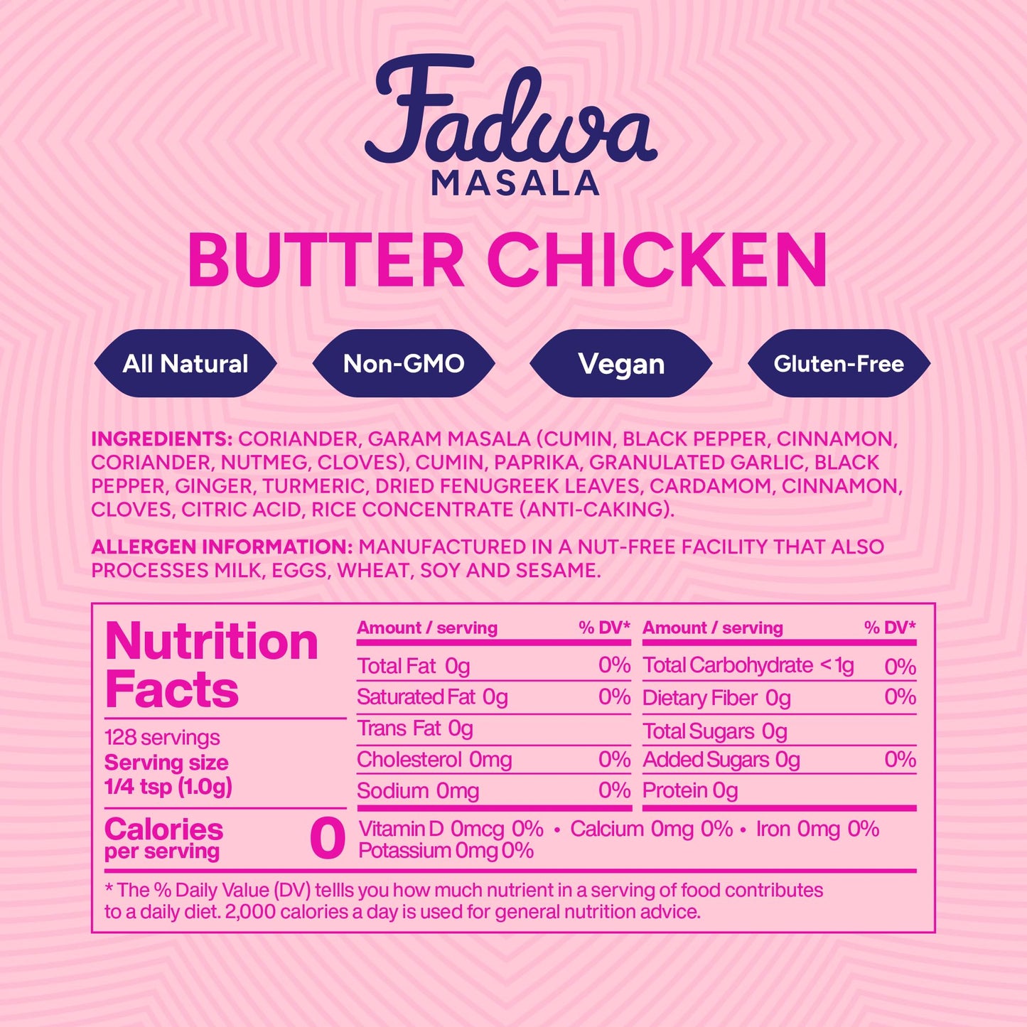 Fadwa Masala Butter Chicken Spice Mix - 4.5 oz Jar  Salt & Sugar Free  Non-Spicy Authentic Desi Spices for Pakistani & Indian Cooking  Curry  Garam Masala - No Artificial Ingredients - Gluten Free