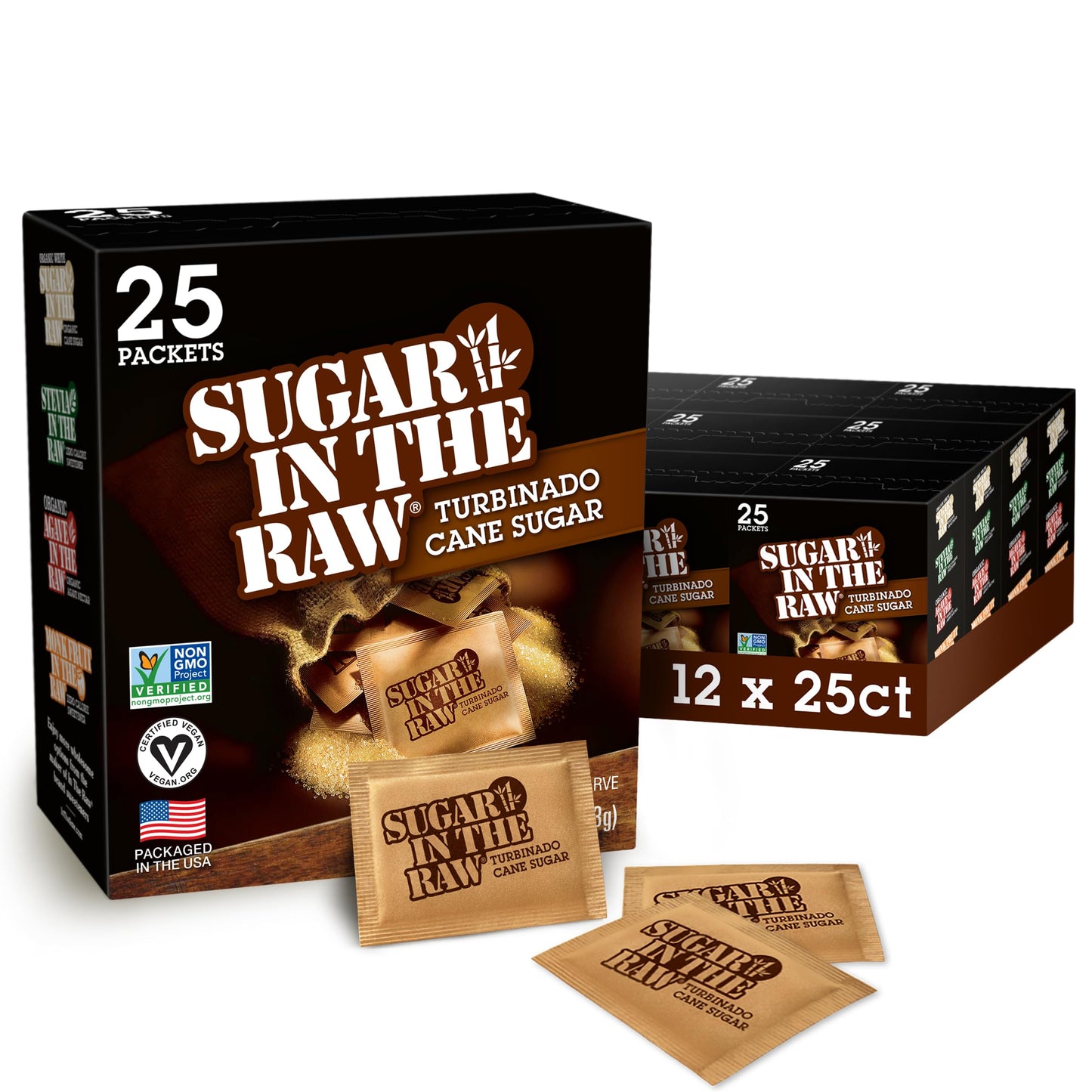 Sugar In The Raw Turbinado Cane Sugar Packets, 25 Ct Box, 12 Pack, Pure, All-Natural Turbinado Sugar, Non-Gmo Project Verified, 
