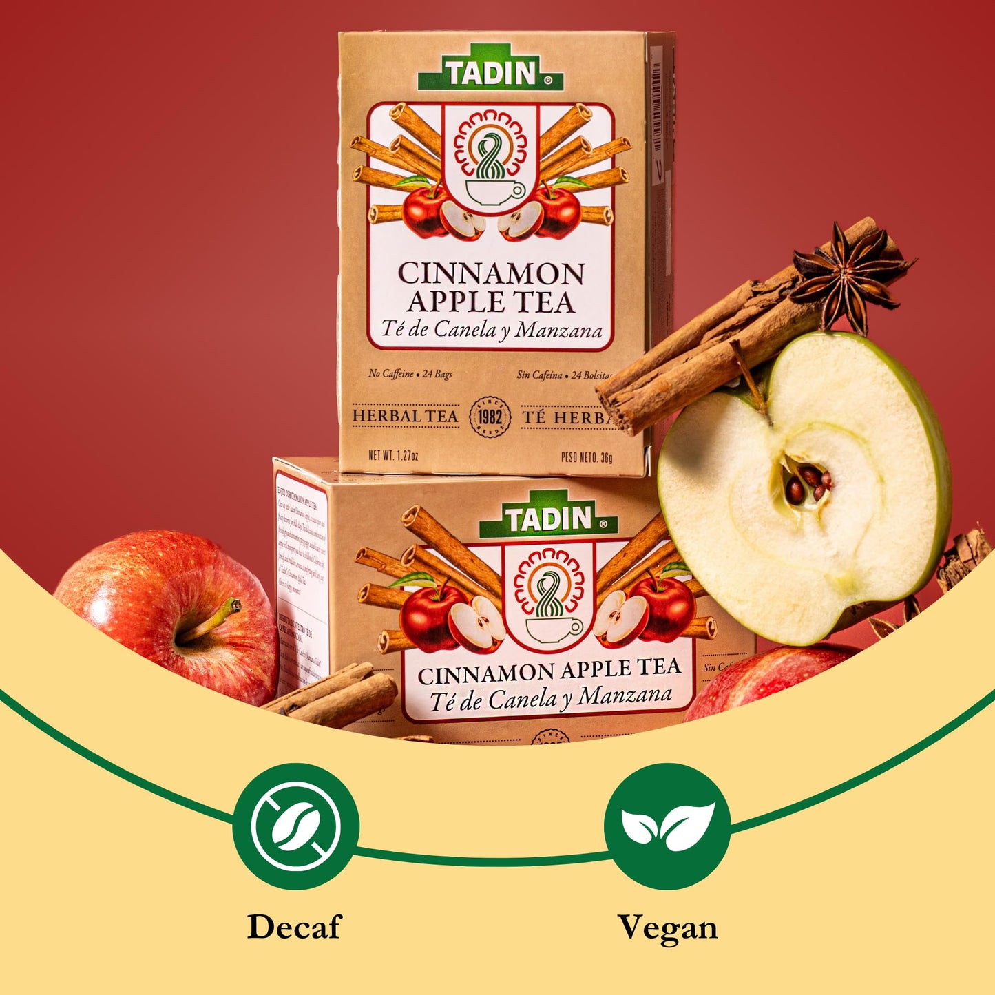 Tadin Cinnamon Apple Herbal Tea, Caffeine Free, 24 Count (Pack of 6), Decaf Tea Bags for Hot Tea