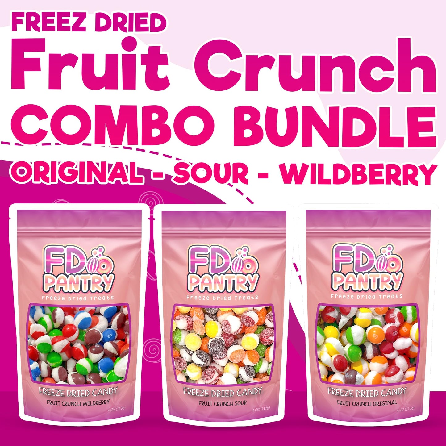Freeze Dried Candy 3 Pack Fruit Crunch Original, Wildberry, Sour Mix Variety Gift Bundle 4 Oz - 3 Pack Treat Snack Sampler Set R