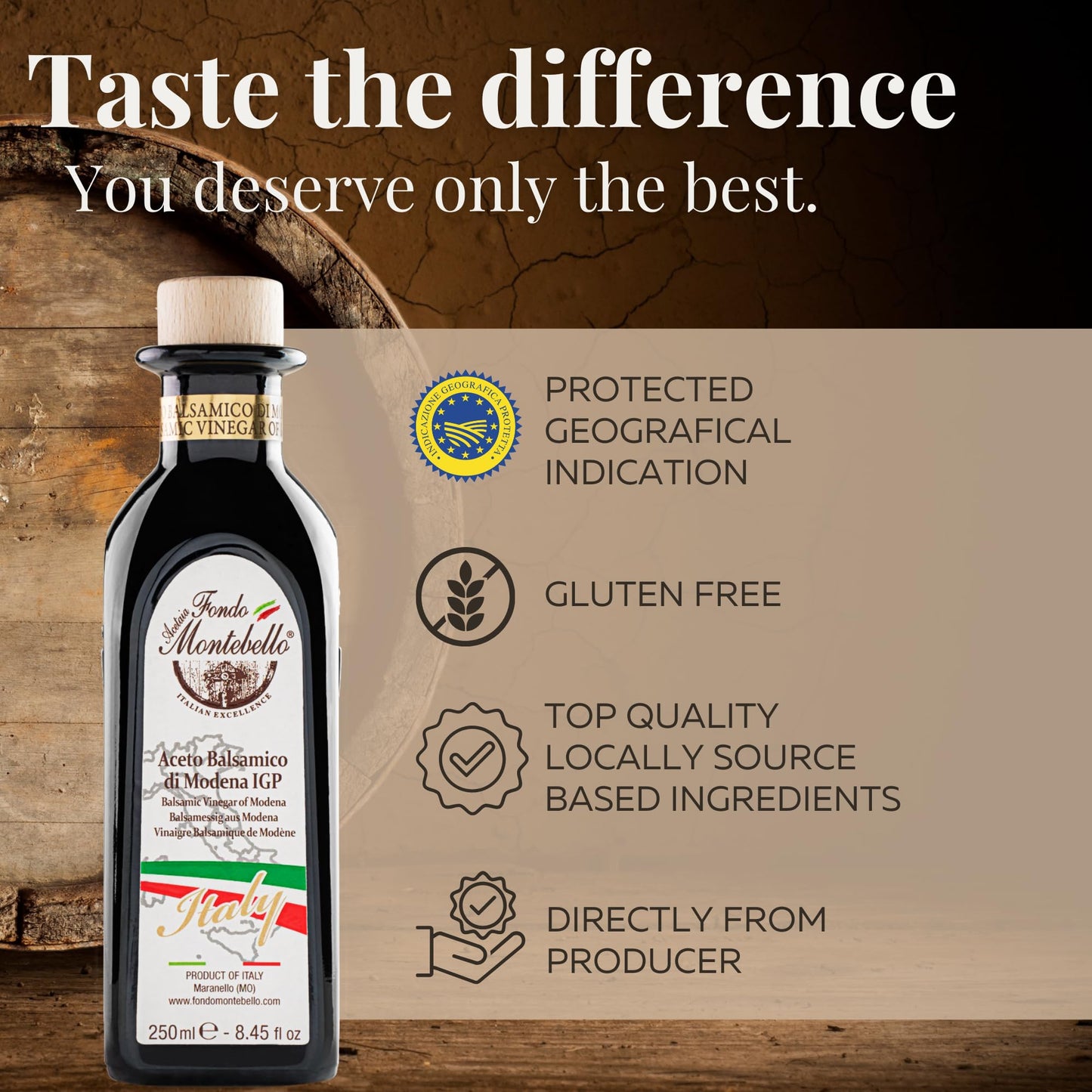 FONDO MONTEBELLO Balsamic Vinegar of Modena IGP, Dense & Sweet-and-Sour, 8.45 fl. oz. (250ml)