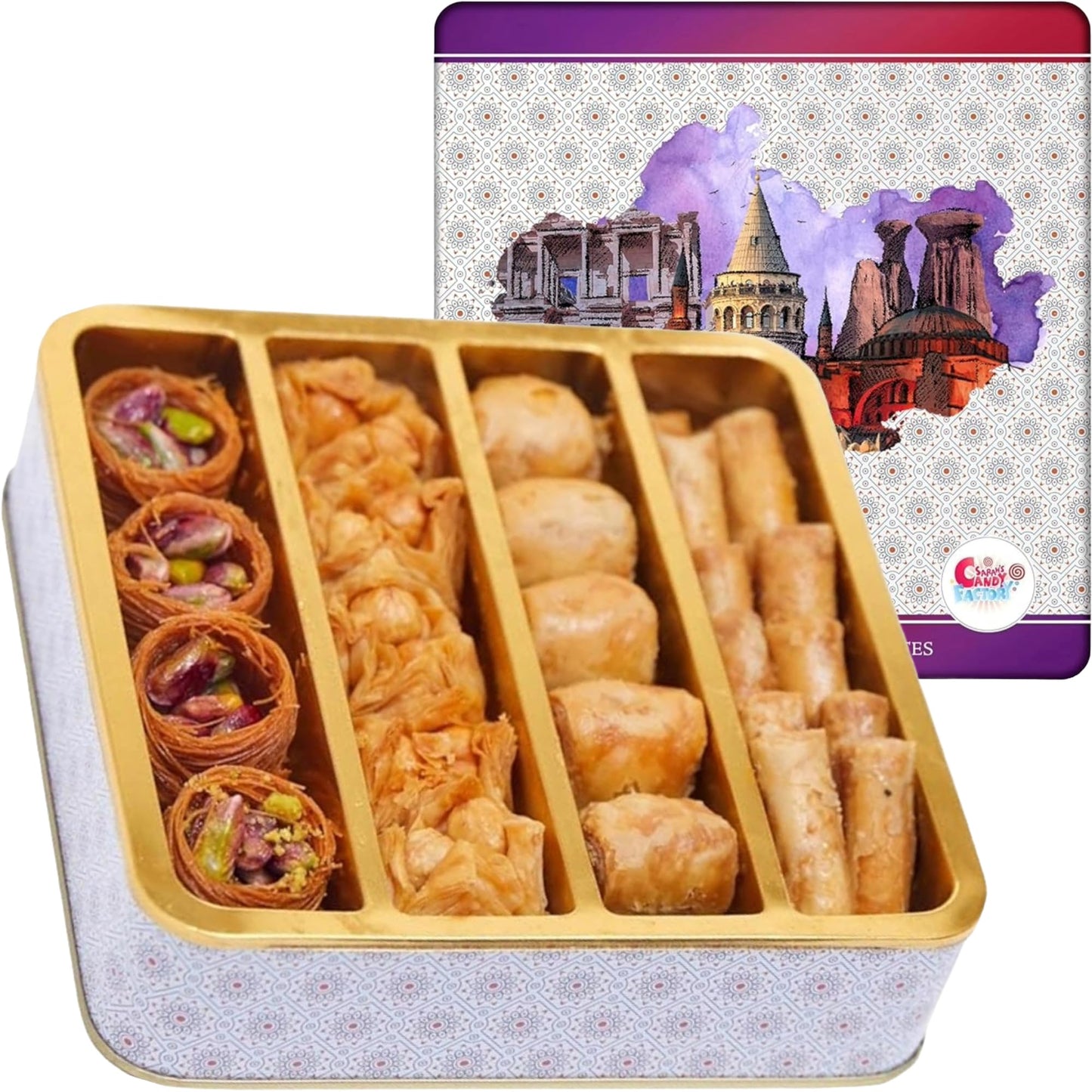Sarah's Candy Factory Assorted 0.5 Lb Premium Baklava Pastry Gift Box Halal Snacks, 250 Gr in a Metal Box, Turkish Dessert Ideal