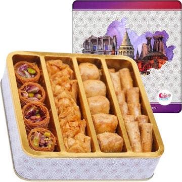 Sarah's Candy Factory Assorted 0.5 Lb Premium Baklava Pastry Gift Box Halal Snacks, 250 Gr in a Metal Box, Turkish Dessert Ideal