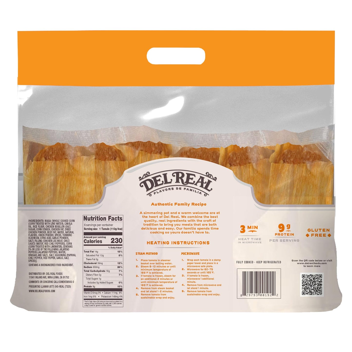 Del Real Foods Chicken Tamales in Red Sauce, 6 Count (24 oz) | Authentic Mexican, Ready to Eat, Heat & Serve Hand-Wrapped Corn M