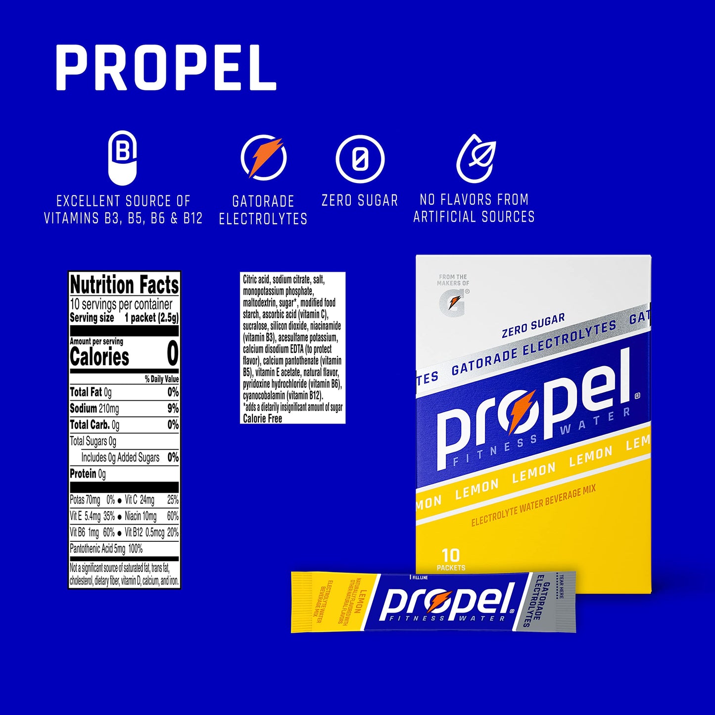 Propel Electrolyte Enhanced Water Drink Mix Powder Packets, Lemon, Zero Calorie & Zero Sugar Hydration with Electrolytes and Vit