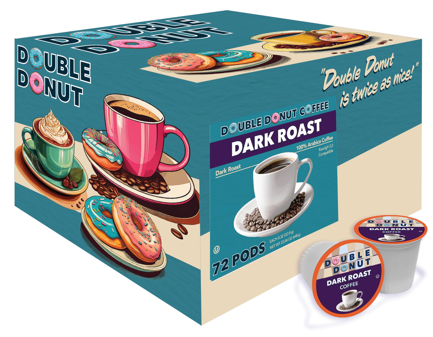 Double Donut Coffee Dark Roast Coffee Pods, Extra Bold Blend, 72 Count, Compatible with Keurig K-Cups
