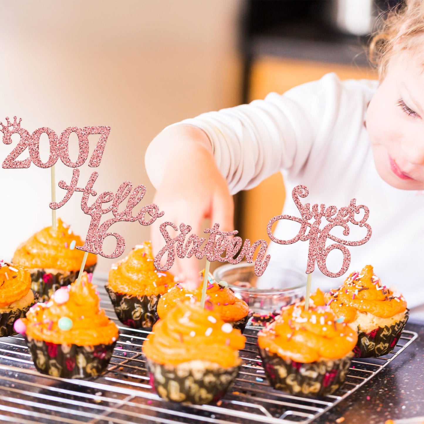 Gyufise 24 Pack Rose Gold Glitter 16Th Birthday Cupcake Toppers Hello Sweet 16 Sixteen Since 2009 Cupcake Picks For 16Th Birthday Party Cake Decorations Supplies