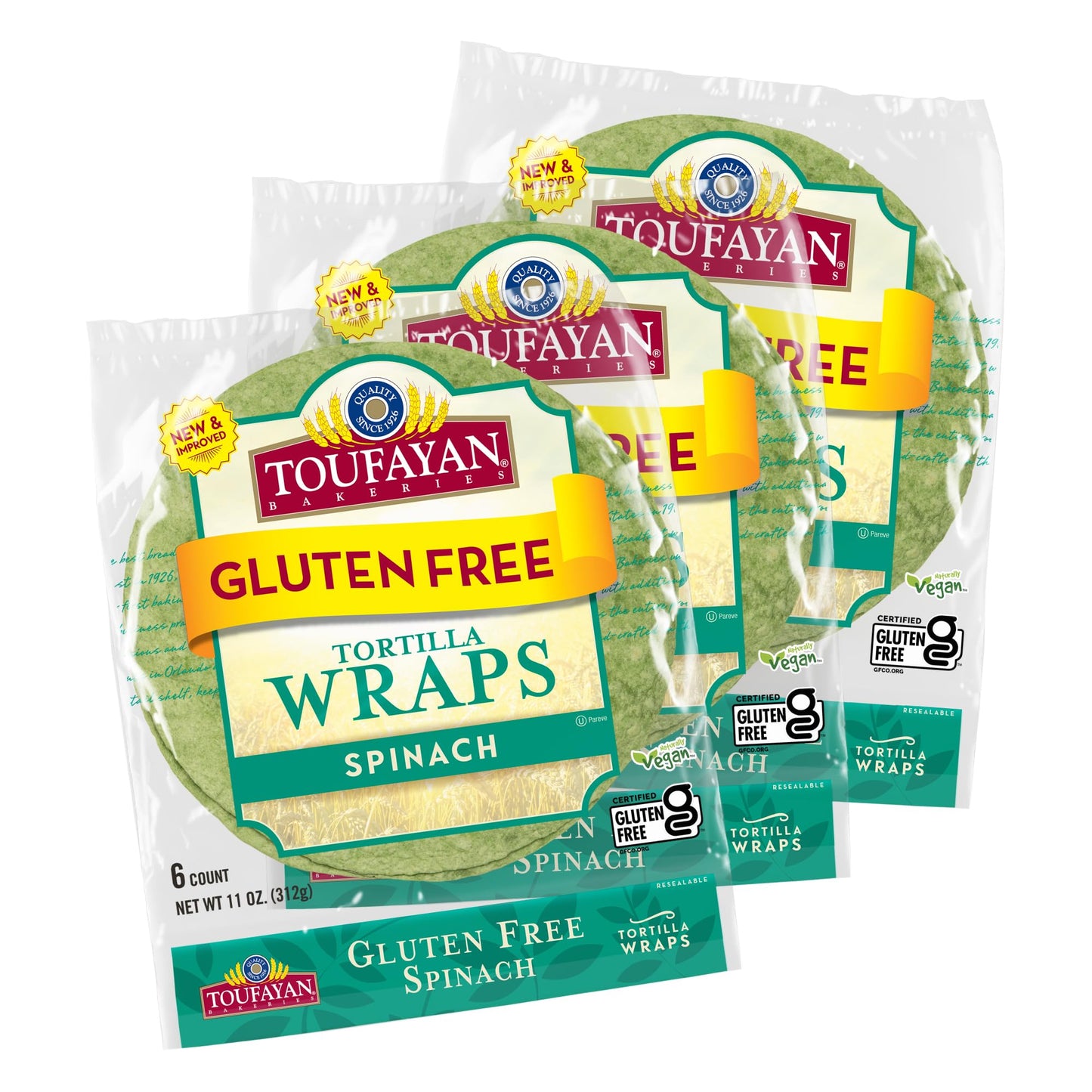 Toufayan Spinach Gluten Free Tortilla Wraps | Certified Gluten Free and Naturally Vegan (3 Pack, 18 Wraps Total)