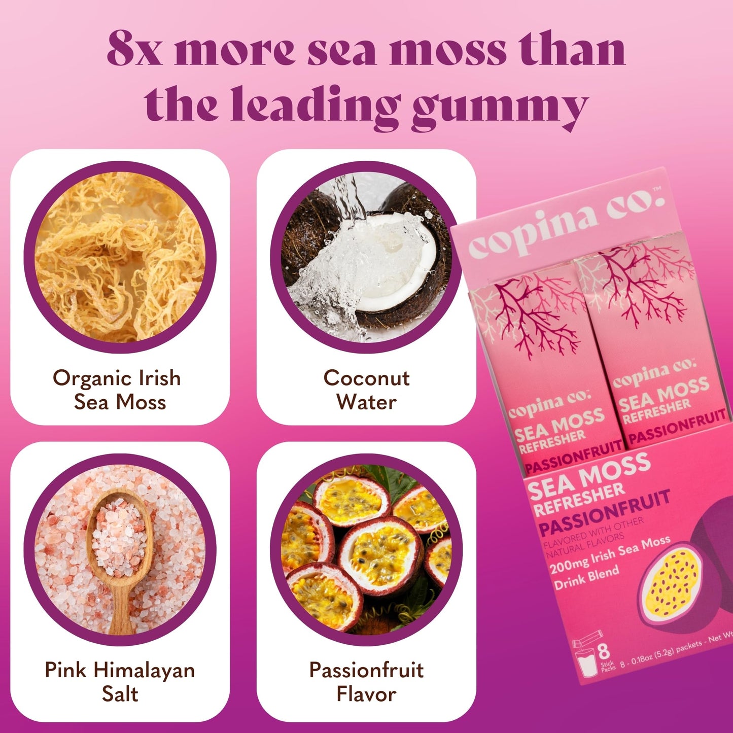 Copina Co. Organic Irish Sea Moss Powder - Passion Fruit Flavor, 8 Stick Packs, 200mg Each for Gut Health and Hydration