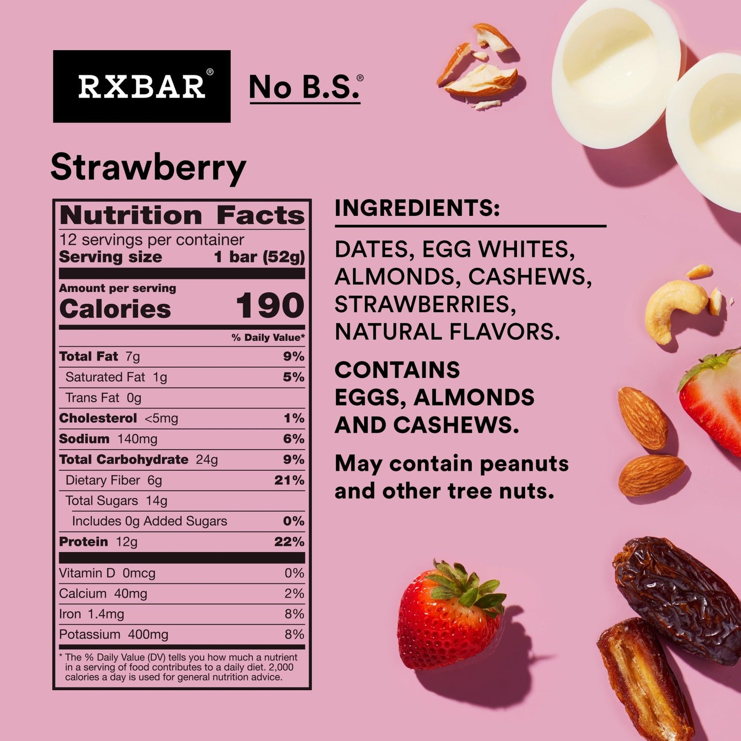 Rxbar Protein Bars 12G Protein Gluten Free Snacks Strawberry 22Oz Box (12 Bars)