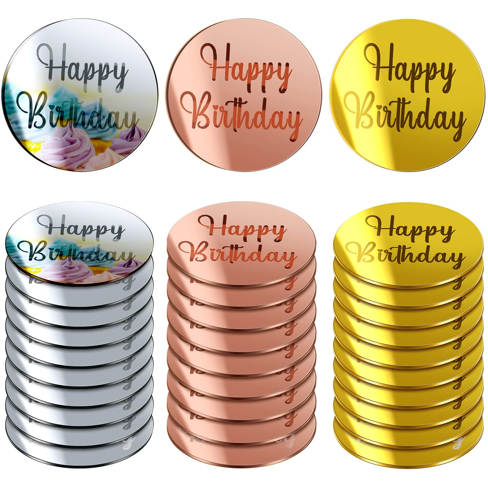 30 Pcs Acrylic Cupcake Toppers Happy Birthday Cake Disc Mirror Acrylic Cake Topper Engraved Personalized Cake Topper Mini Acryli