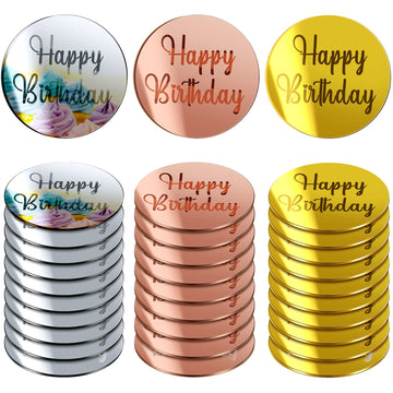 30 Pcs Acrylic Cupcake Toppers Happy Birthday Cake Disc Mirror Acrylic Cake Topper Engraved Personalized Cake Topper Mini Acryli
