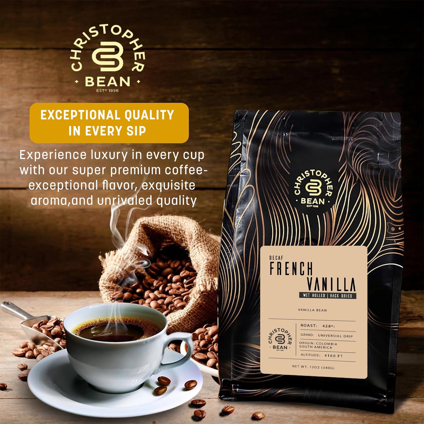 Christopher Bean Coffee - Certified Kosher - Decaf Ground Universal Drip French Vanilla Flavored Coffee | Coffee Beans With Medium Roast 100% Arabica, No Sugar, No Fats, Non-Gmo | 10-Ounce Bag