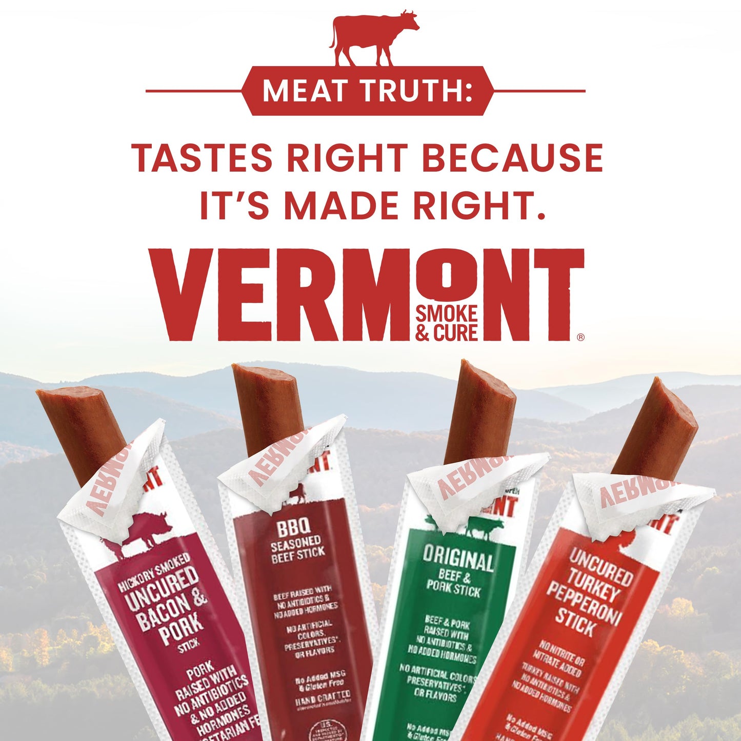 Vermont Smoke & Cure Hickory Smoked Uncured Bacon Pork Sticks, 0.5 oz, 48 Count, Portable Meat Snack for mature-themeds & Kids