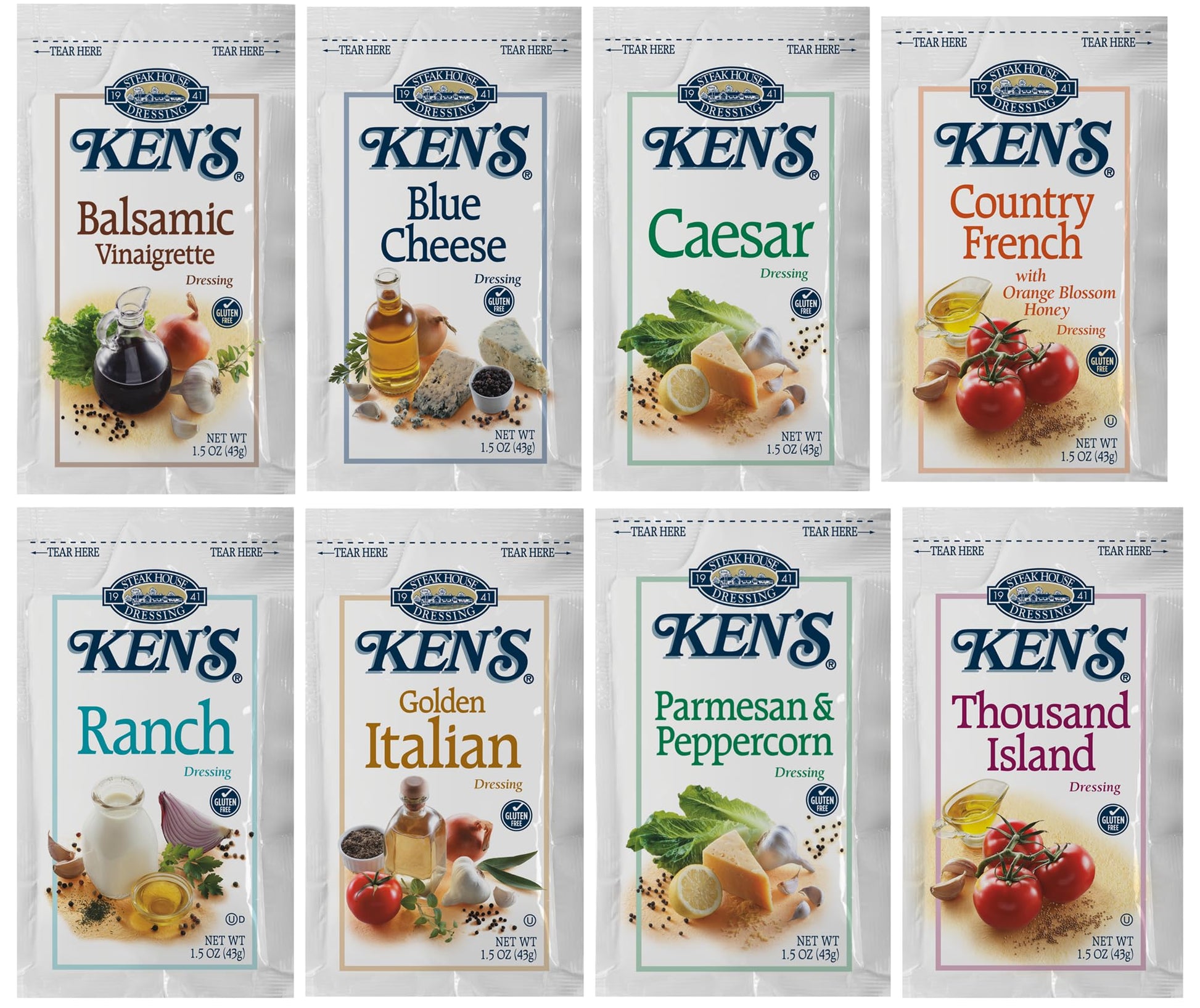 40 Count | Salad Dressing Packets | 8 Flavors: Balsamic Vinaigrette, Blue Cheese, Caesar, Country French, Ranch, Golden Italian,
