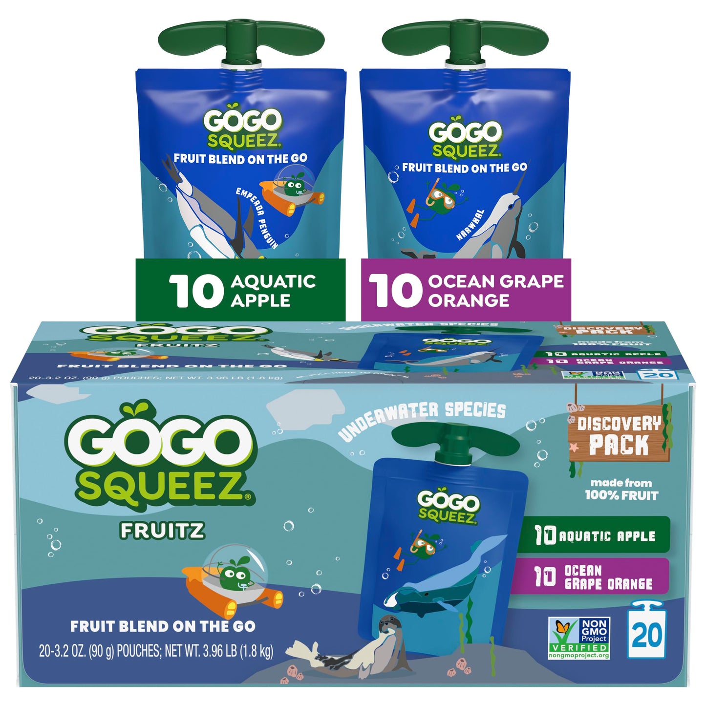 GoGo squeeZ Applesauce and Fruit Puree Underwater Species Discovery Pack  Aquatic Apple and Ocean G  3.2 oz Pouches (Pack of 20)  Unsweetened Snacks for Kids  BPA Free Pouches