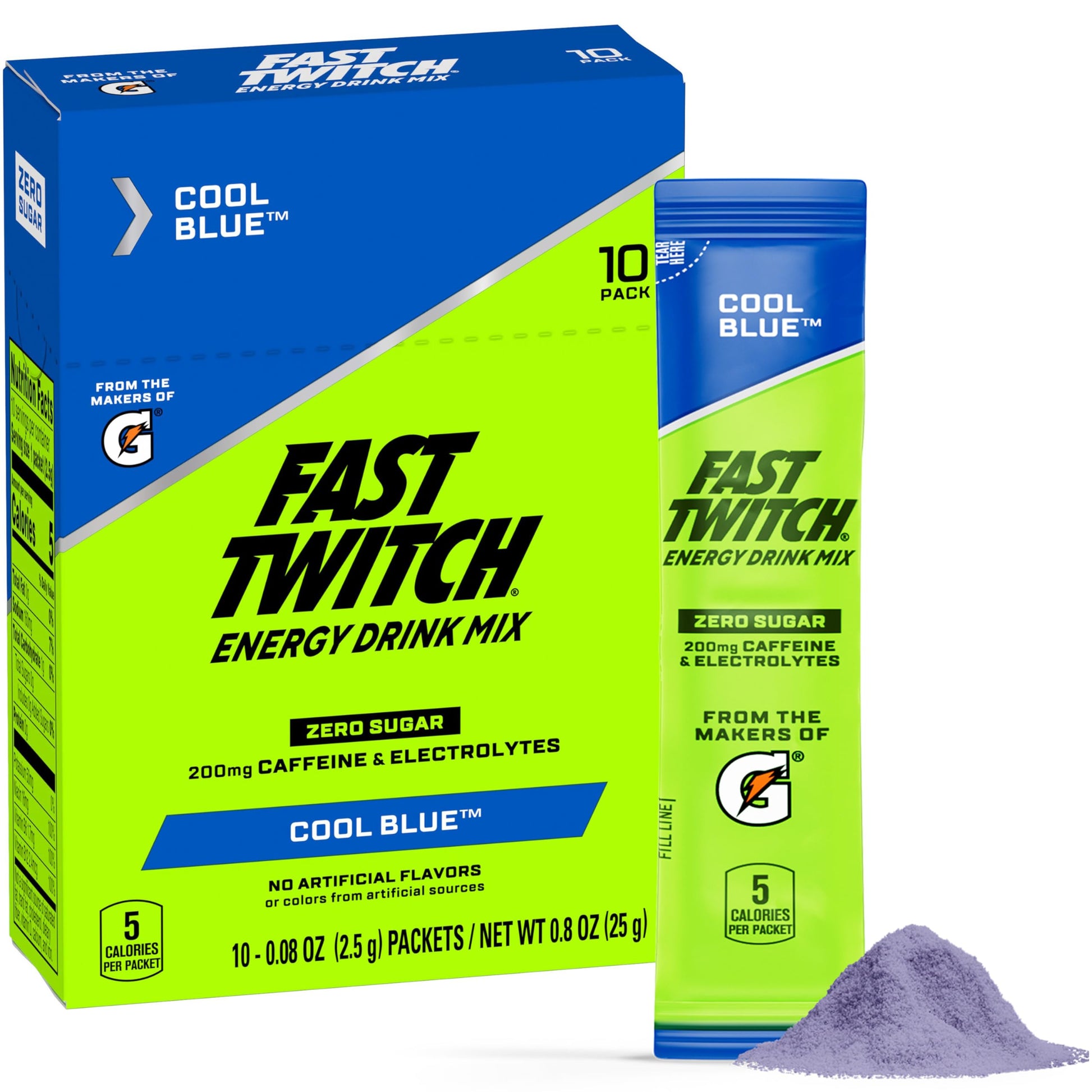 Fast Twitch Energy Drink Mix, Cool Blue, Zero Sugar, Caffeine, Electrolytes, 0.08oz Packets, 10 Pack