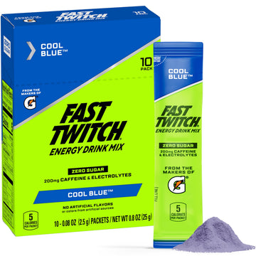 Fast Twitch Energy Drink Mix, Cool Blue, Zero Sugar, Caffeine, Electrolytes, 0.08oz Packets, 10 Pack