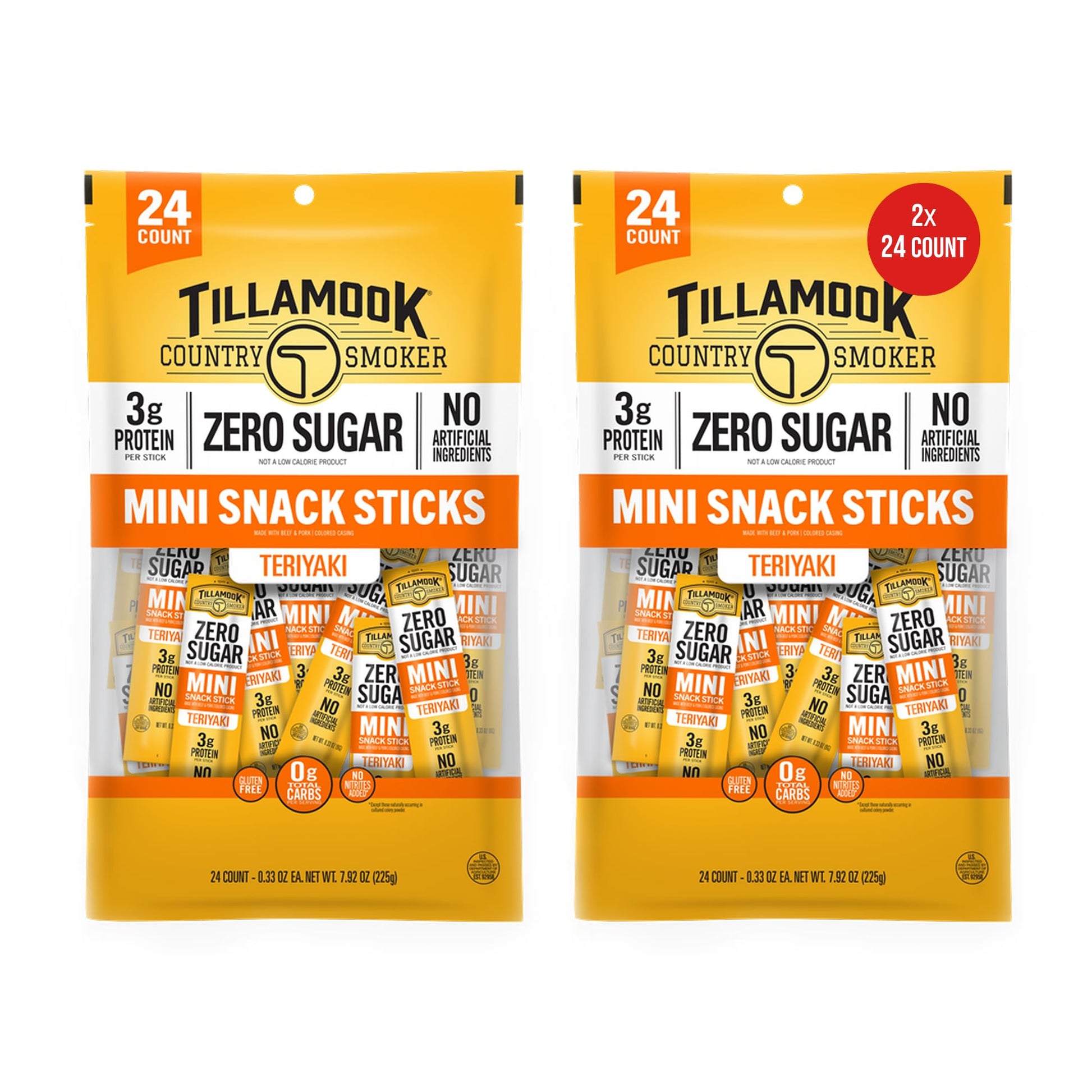 Tillamook Country Smoker Zero Sugar Teriyaki Mini Smoked Sausages  0.33 oz  48 Ct  Individually Wrapped Beef Sticks for Afternoon Snacks  Lunchboxes  Travel  Real Hardwood Smoked