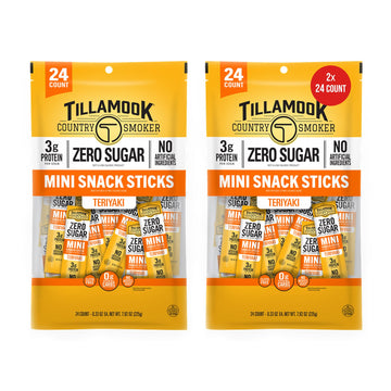 Tillamook Country Smoker Zero Sugar Teriyaki Mini Smoked Sausages  0.33 oz  48 Ct  Individually Wrapped Beef Sticks for Afternoon Snacks  Lunchboxes  Travel  Real Hardwood Smoked