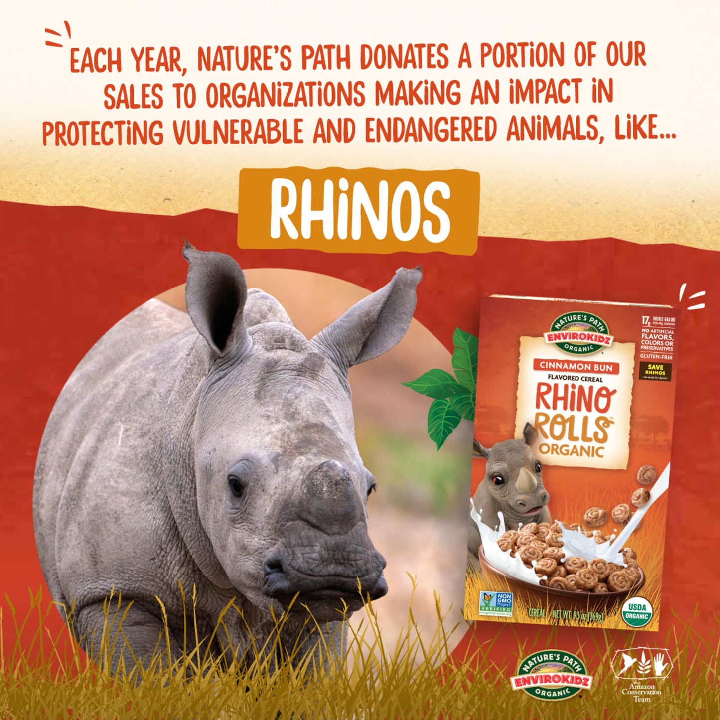 EnviroKidz Organic Rhino Rolls Cereal, 9.5 oz (Pack of 1), Cinnamon Bun, Gluten Free, Non-GMO, by Natures Path