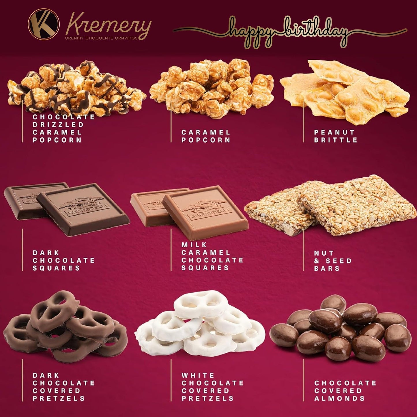Kremery Creamy Chocolate Cravings - Happy Birthday  , Chocolate Covered Pretzels & Caramel Popcorn Gift Basket, In Seagrass Tray + Ribbon & Greeting Card (Deluxe, 3.5 Lbs) Food Assortments