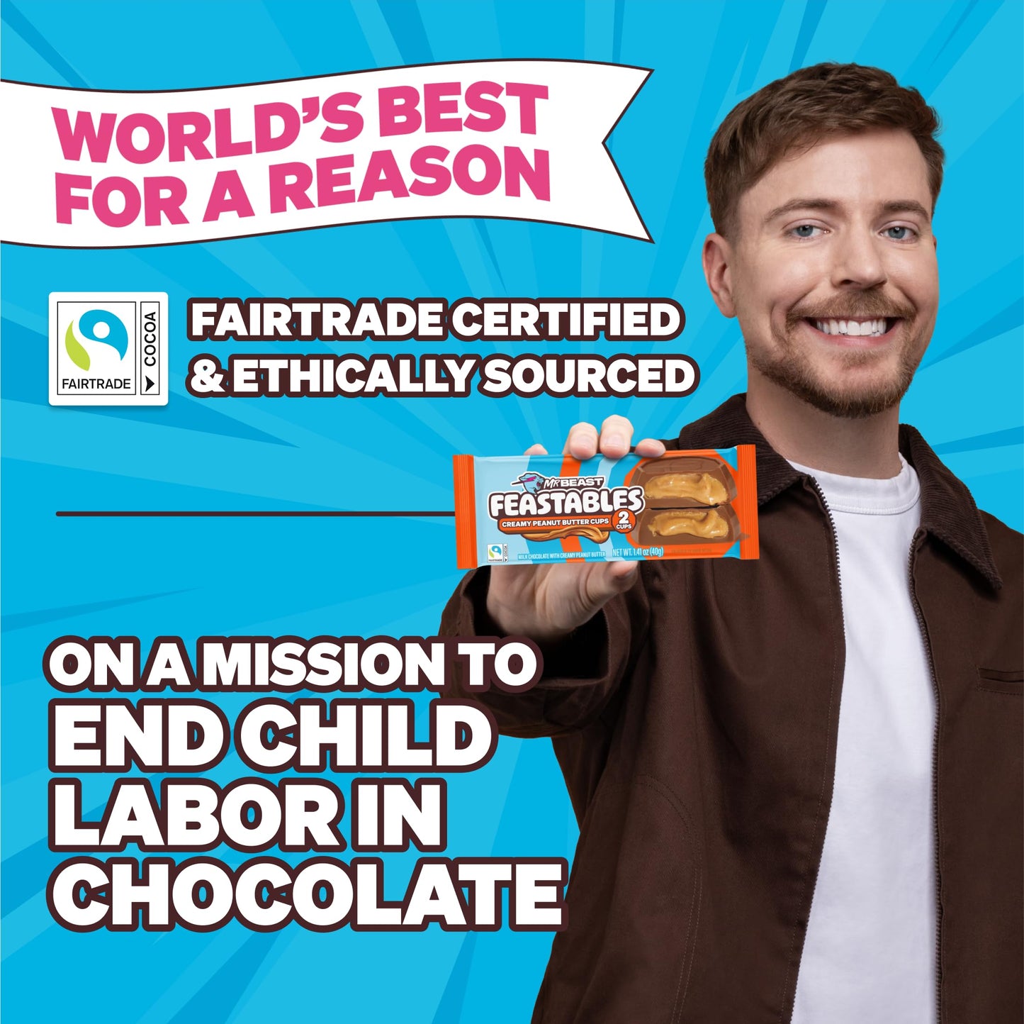 Feastables Mrbeast Peanut Butter Cups, Milk Chocolate & Creamy Peanut Butter Filling, Cups For Mature-Themeds & Kids, Chocolate Candy For Snacks, Gifts, Or Dessert, Made With Fairtrade Cocoa, 2 Pack, 24 Count