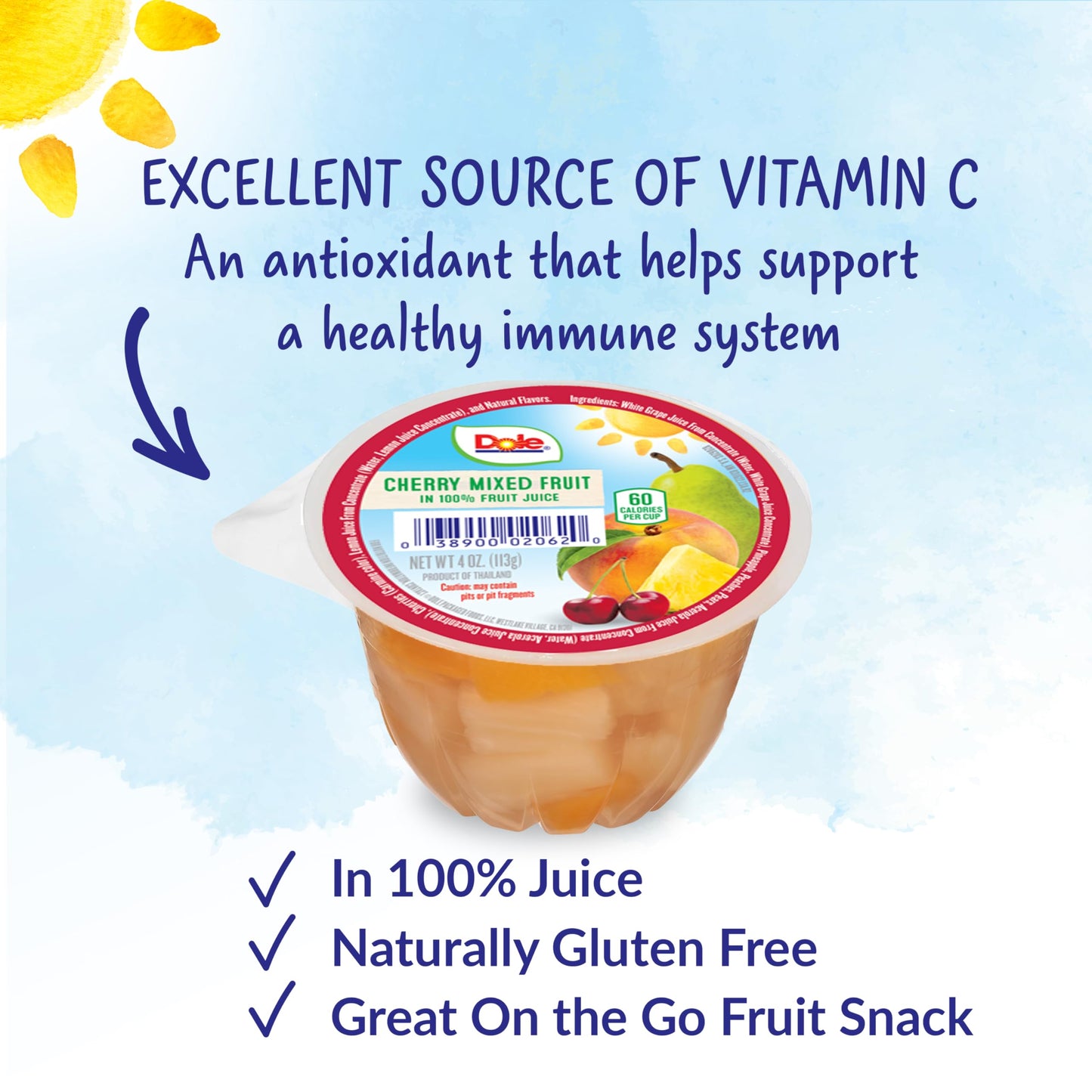 Dole Fruit Bowls Cherry Mixed Fruit In 100% Juice Snacks, 4Oz 36 Total Cups, Gluten & Dairy Free, Bulk Lunch Snacks For Kids & A