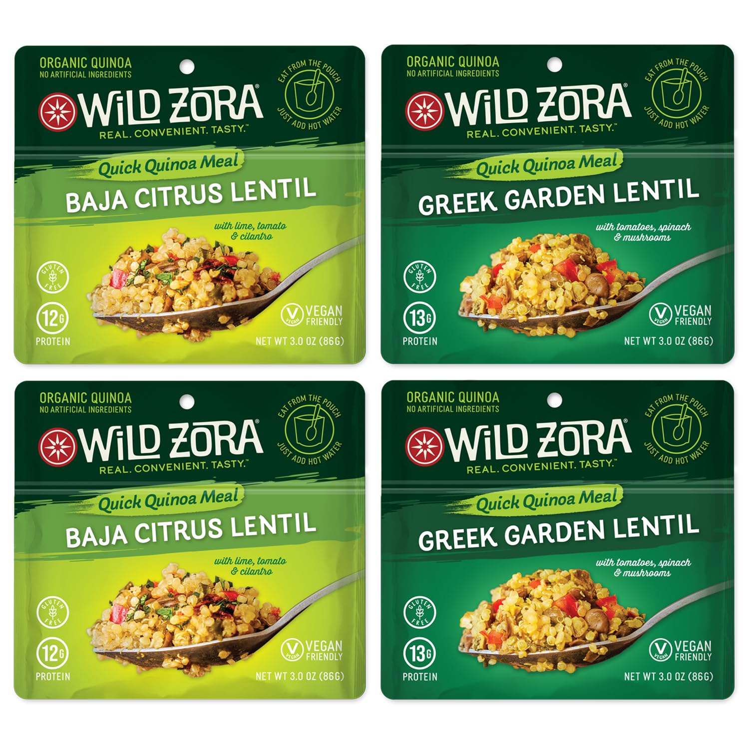 Wild Zora Quinoa Meals - Vegan Variety Sampler with Lentils & Olive Oil, 3 Ounce (Pack of 4) - Gluten-Free Pantry Staples