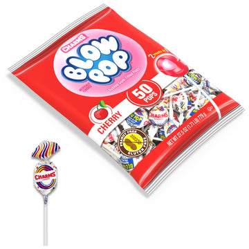 Charms Blow Pop Single Flavor Bag - Cherry Flavored Lollipops With A Bubble Gum Center - Individually Wrapped Hard Candy - Red C