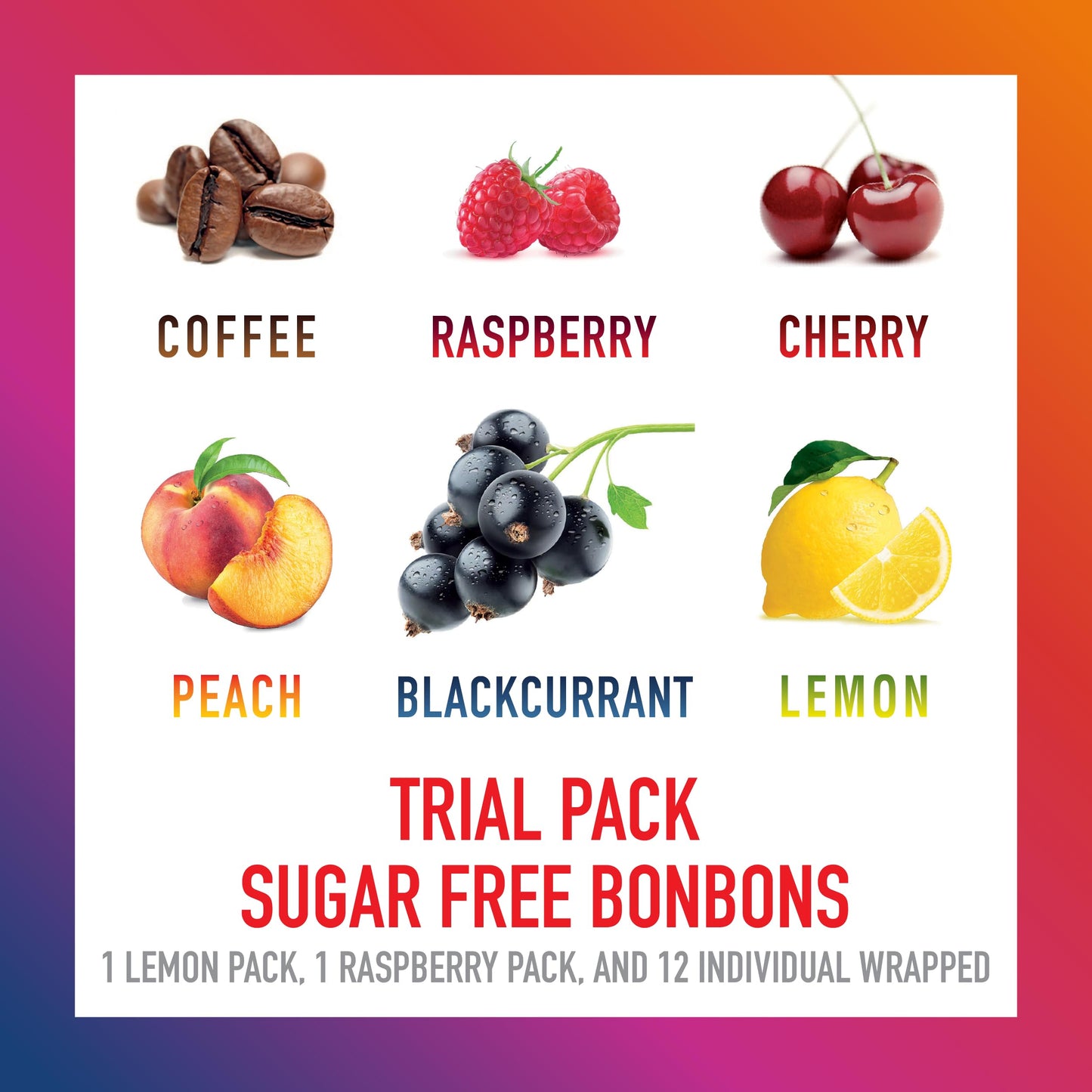 Swiss Imports Sugar Free Bonbons Hard Candy Drops Trial Pack Of Cherry, Coffee, Lemon, Peach, Blackcurrant, And Raspberry, 2 1.4
