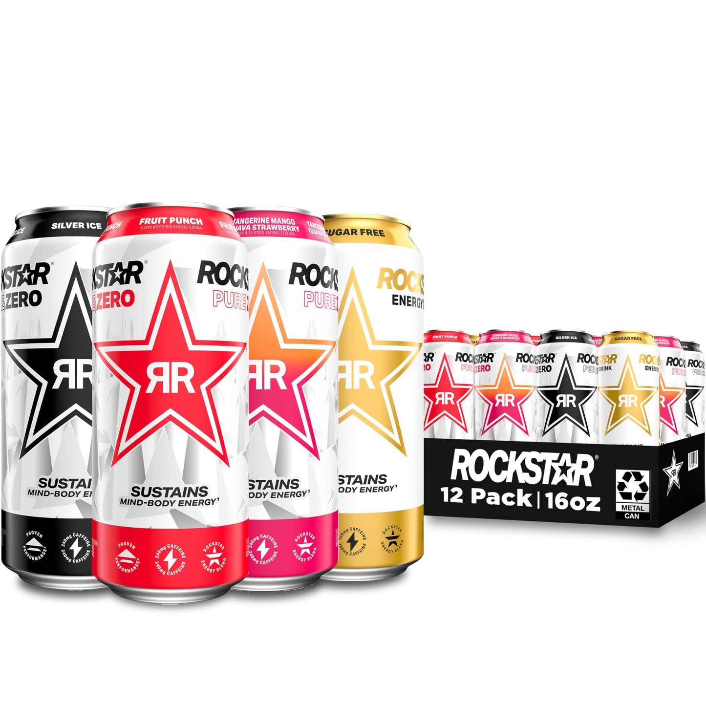 Rockstar Pure Zero Energy Drink Variety Pack, 0 Sugar, Caffeine, 16oz Cans, Assorted Flavors, 12 Pack