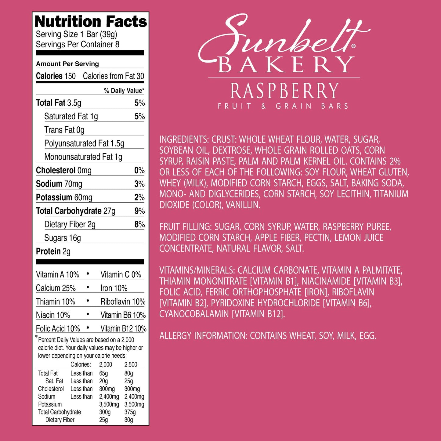 Sunbelt Bakery'S Raspberry Fruit & Grain Bars, 1.4 Oz Bars, 8 Count