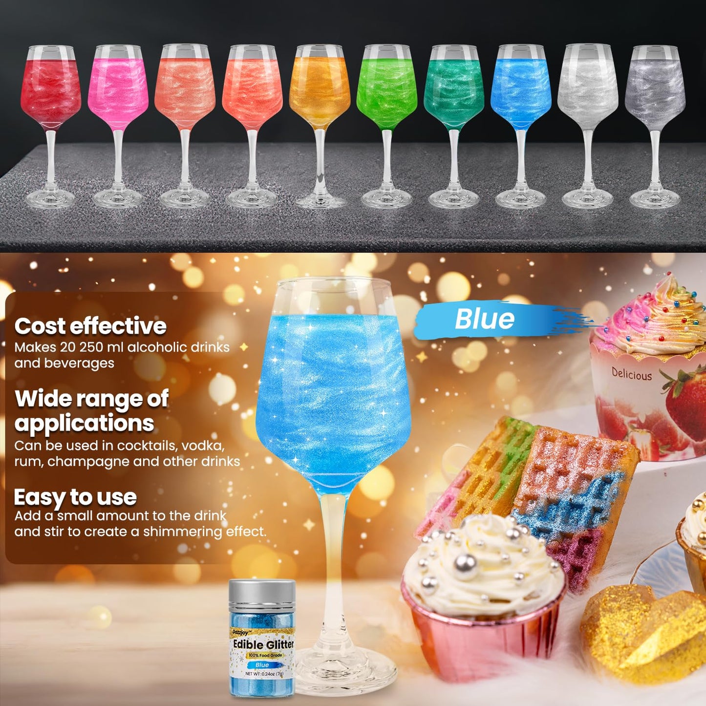 Dazzjoy Edible Glitter for Cocktails, Food Grade, 7g, Blue, Kosher, Shimmer for Drinks, Cupcakes, and Desserts