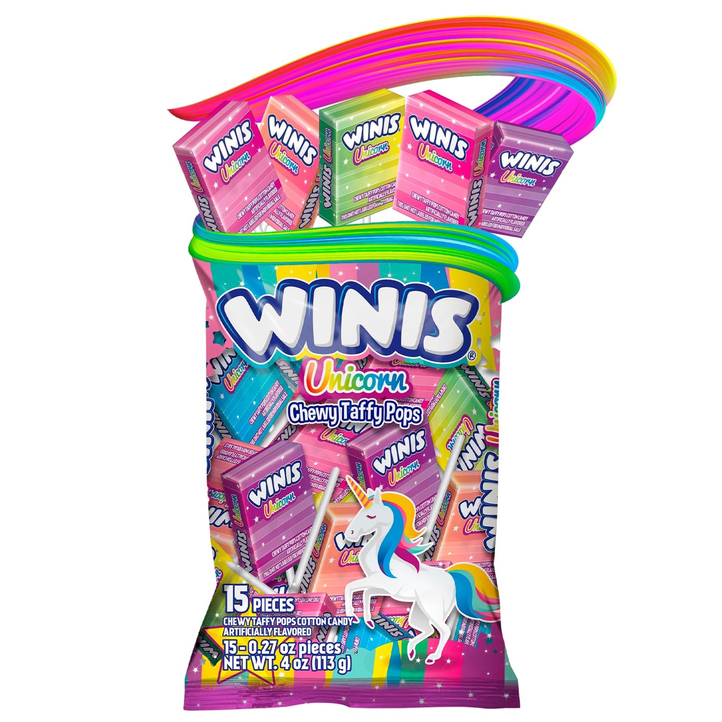 Winis Unicorn | Chewy Taffy Pops | Cotton Candy Flavored | Sharing Size 4.3 Oz Bag - 15 Pieces