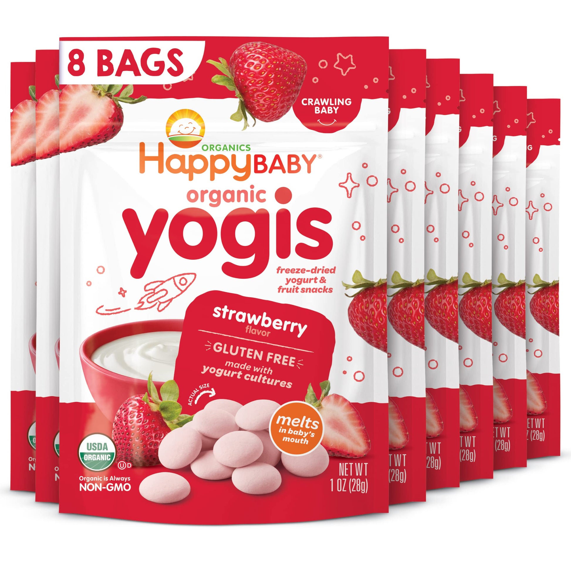 Happy Baby Organics Yogis Freeze-Dried Yogurt & Fruit Snack, Strawberry, 1 Ounce (Pack Of 8) Packaging May Vary