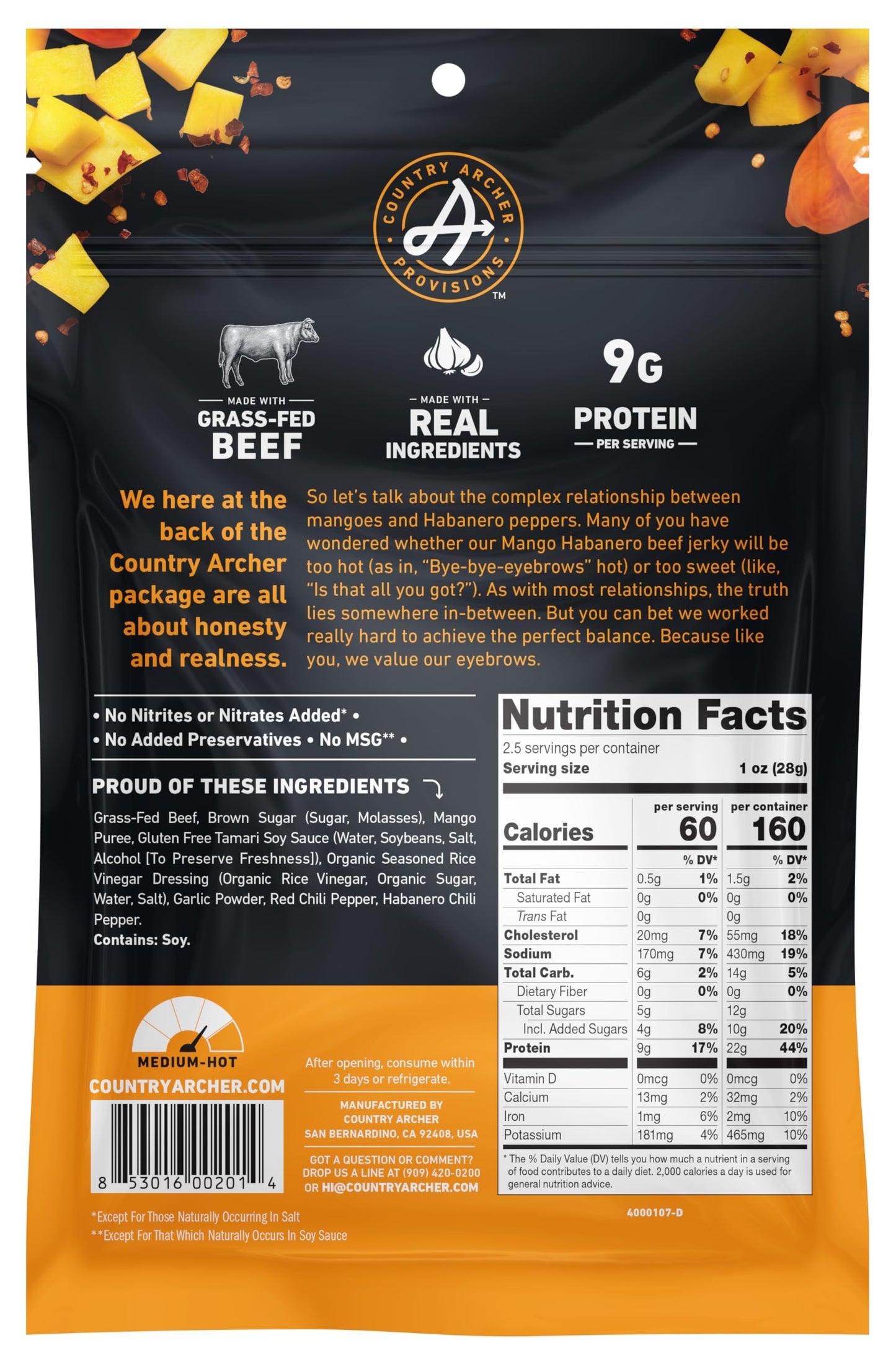 Country Archer Beef Jerky Snack Pack, Mango Habanero, 2.5 oz, Gluten Free, Paleo