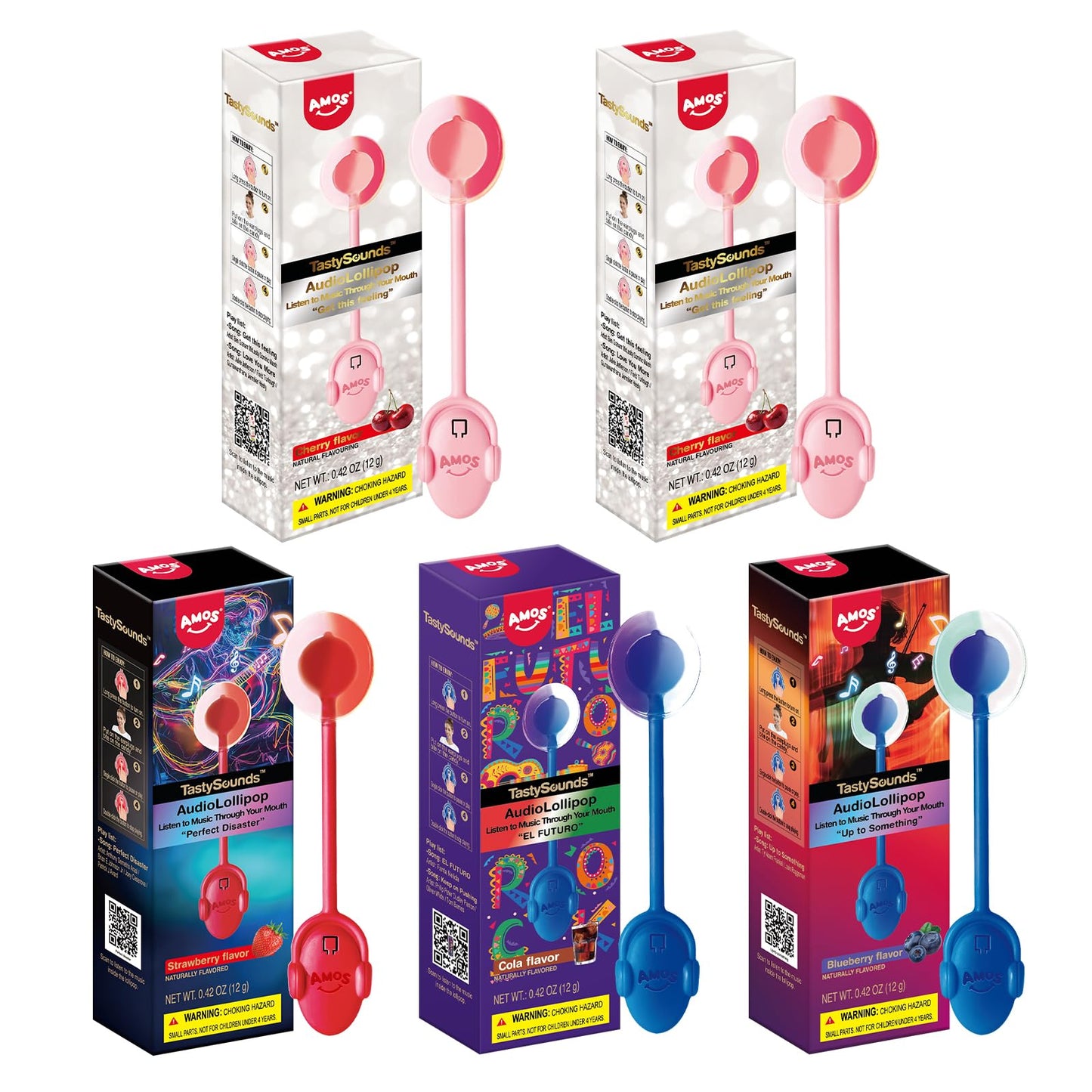 Amos TastySounds Audio Singing Lollipop Candy - Fun Party Favor & Viral Treat for Easter, 4 Flavors (Strawberry, Blueberry, Cola