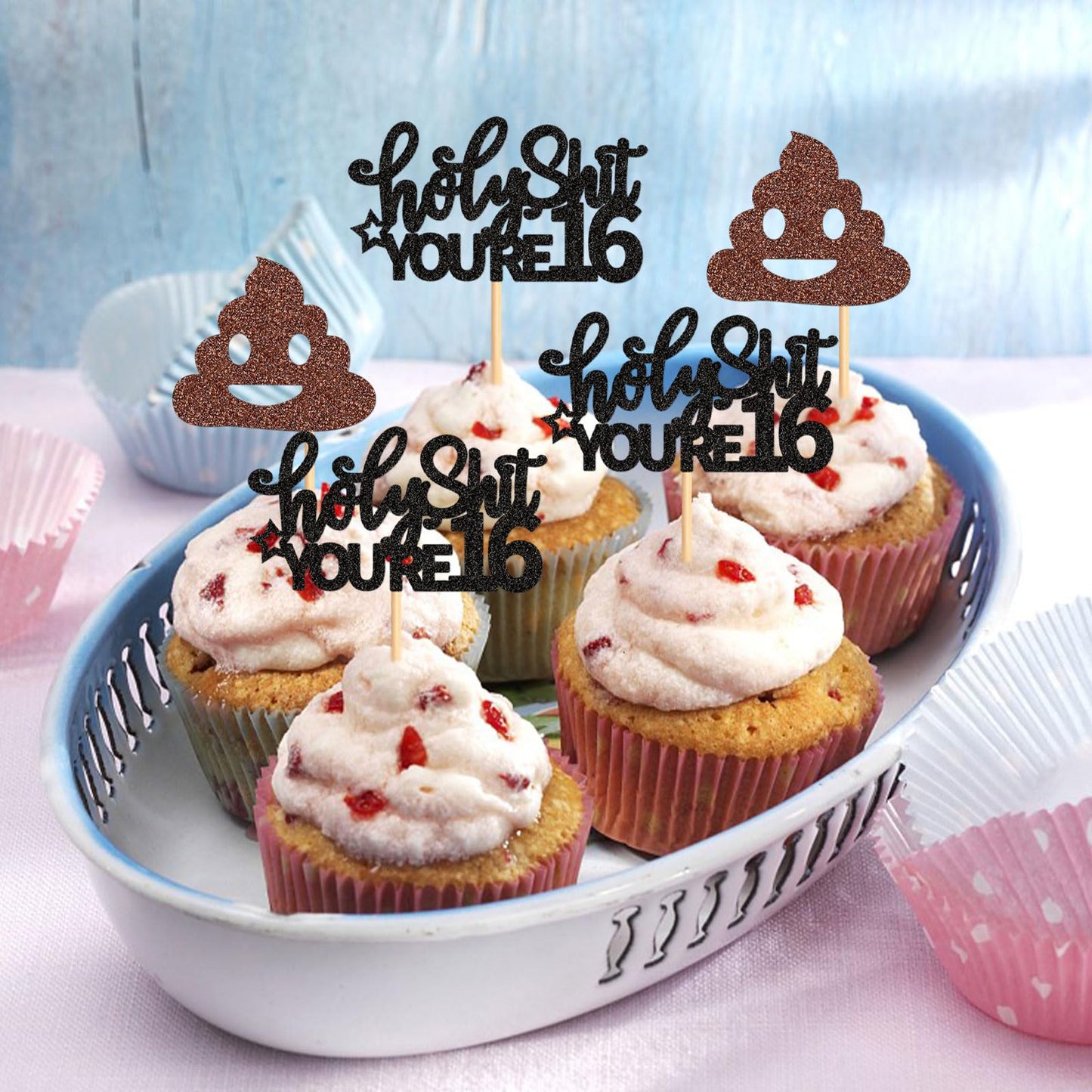 Keaziu 24 Pack Holy Shit You Are 16Th Cupcake Toppers Sweet Sixteen 16 Happy 16 Cupcake Picks For 16Th Birthday Wedding Annivers