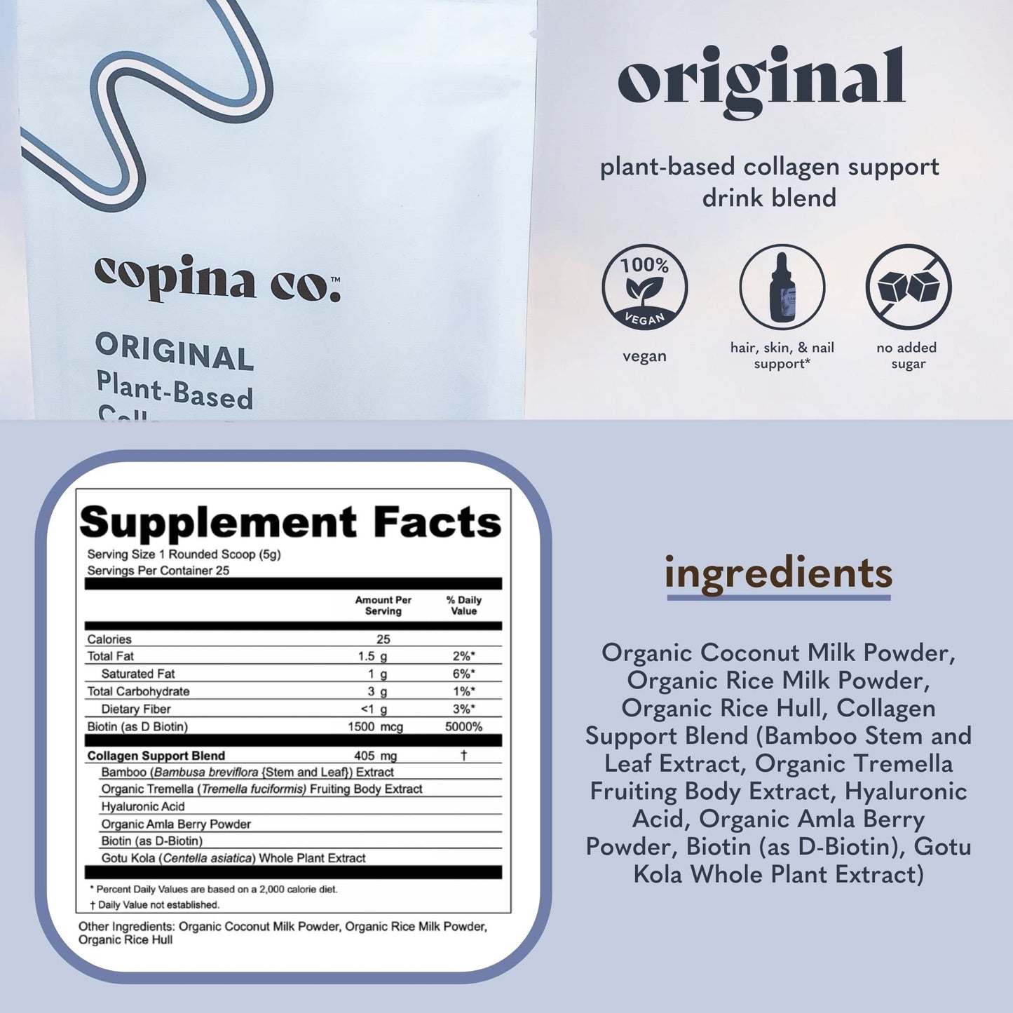 Copina Co. Original Vegan Collagen Booster Creamer Mix: Plant Based Collagen Support Smoothie Drink Vegan Creamy Blend | Origina